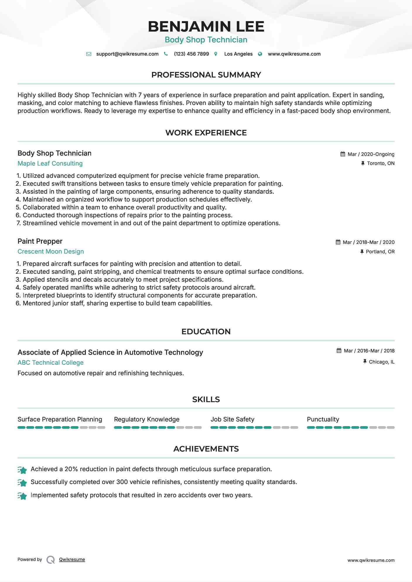 Body Shop Technician Resume Example