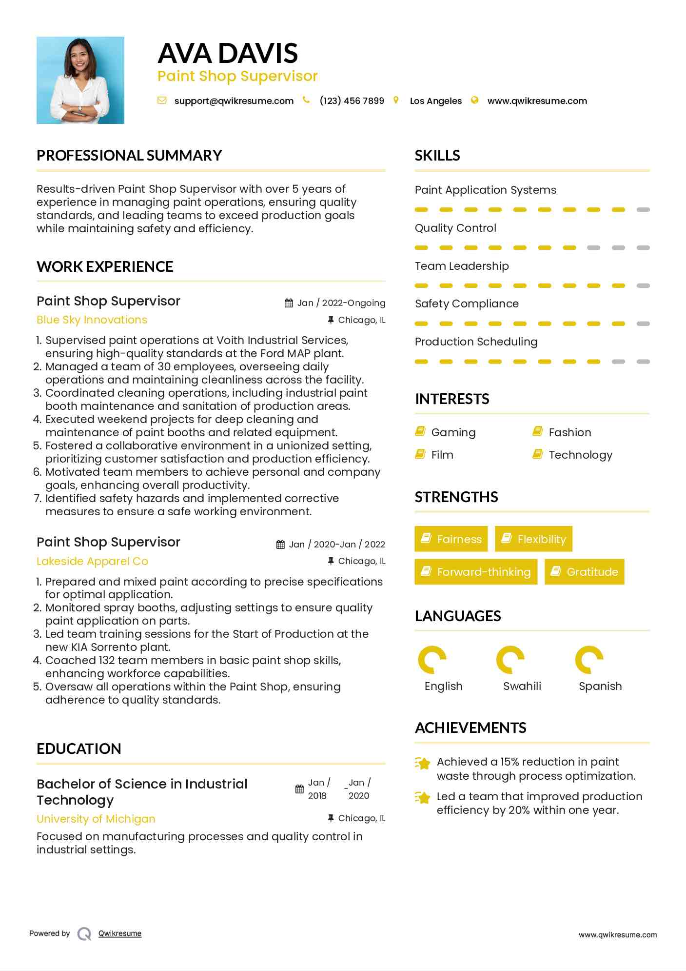Paint Shop Supervisor Resume Model