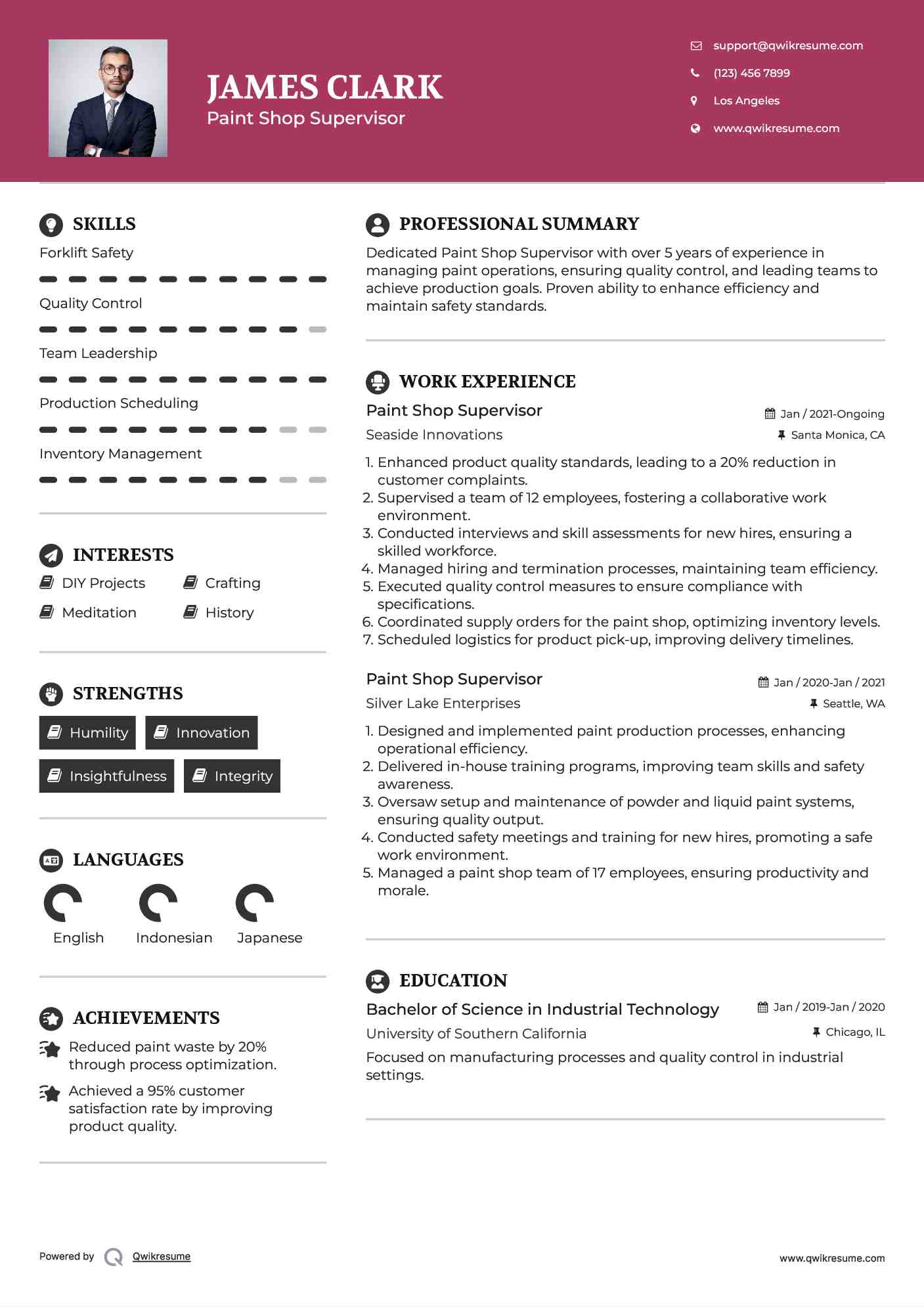 Paint Shop Supervisor Resume Samples QwikResume