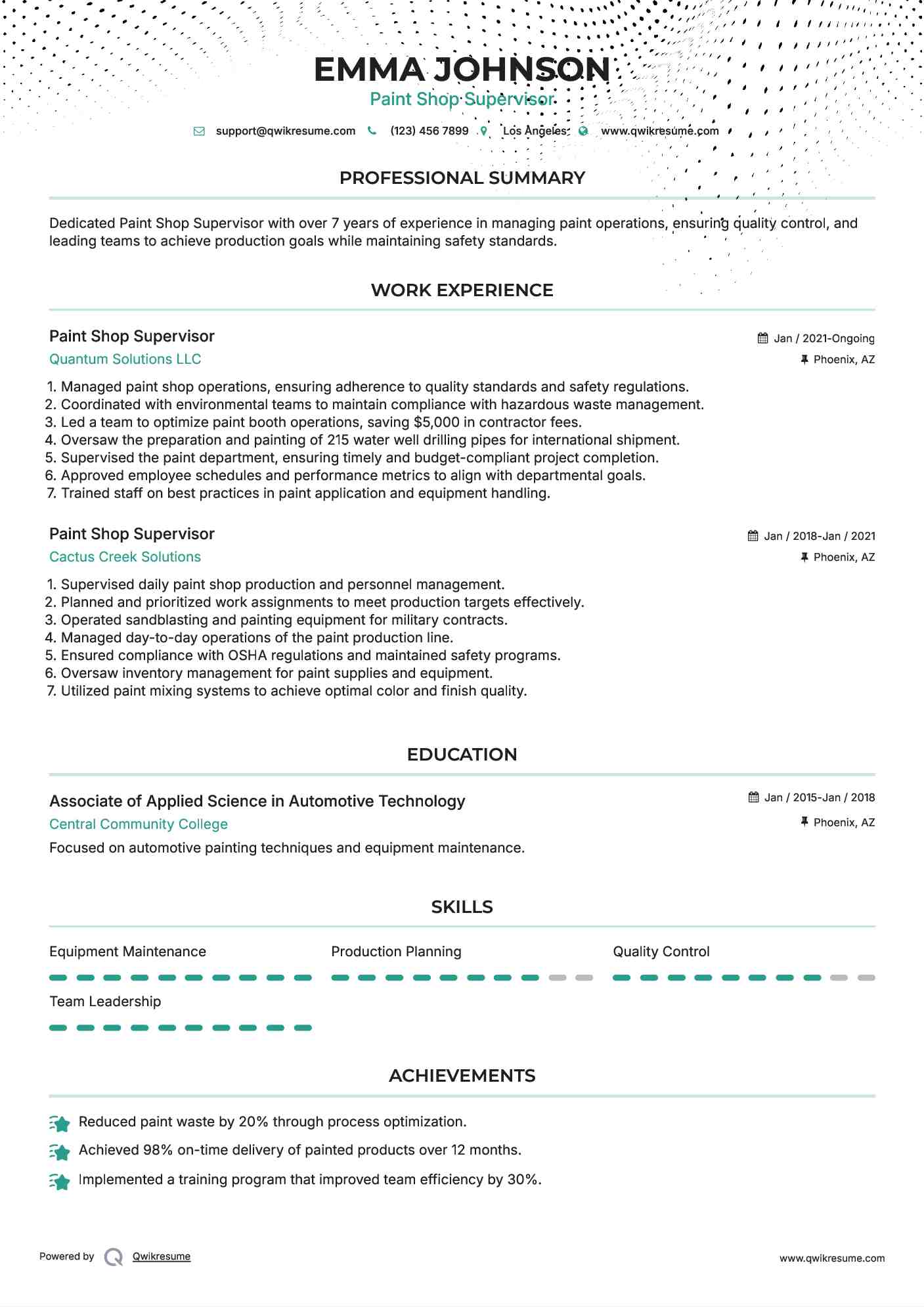Paint Shop Supervisor Resume Template