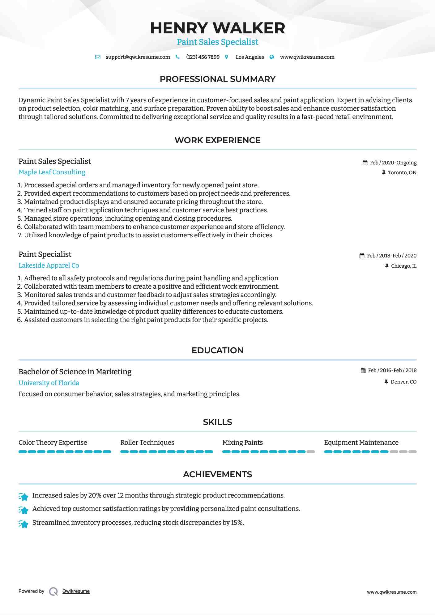 Paint Sales Specialist
 Resume Example