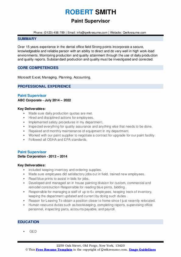 Paint Supervisor Resume Samples QwikResume