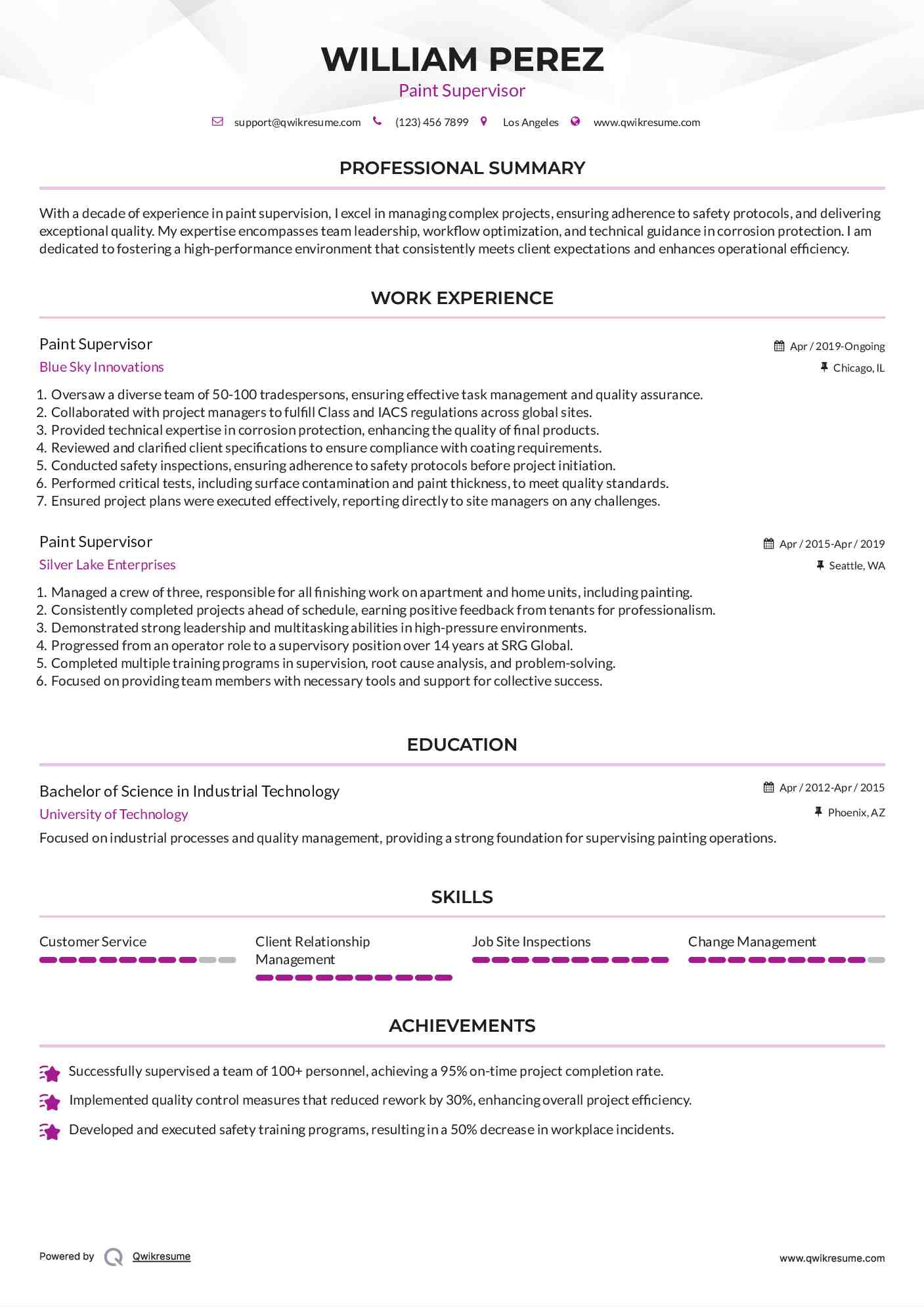 Paint Supervisor Resume Example