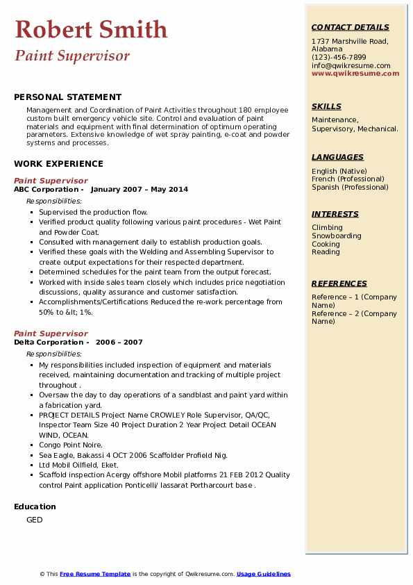 Paint Supervisor Resume Samples QwikResume