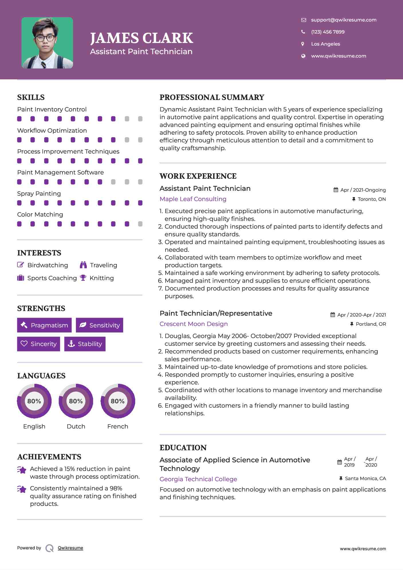 Assistant Paint Technician Resume Sample