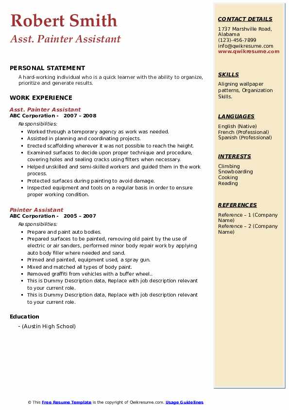 Painter Assistant Resume Samples QwikResume