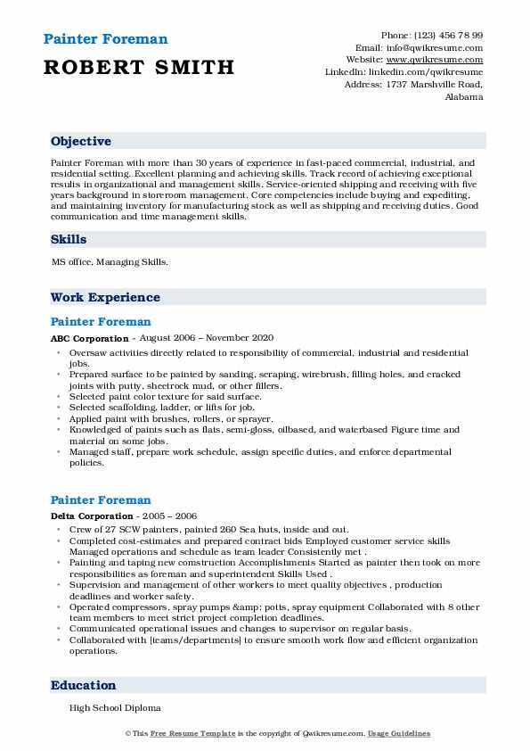 Painter Foreman Resume Samples QwikResume