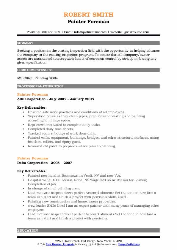 Painter Foreman Resume Samples QwikResume