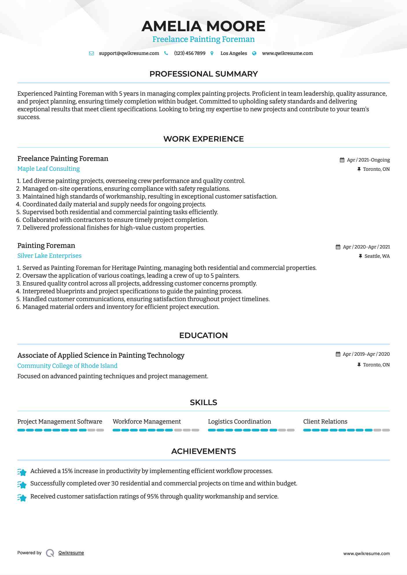 Freelance Painting Foreman Resume Example