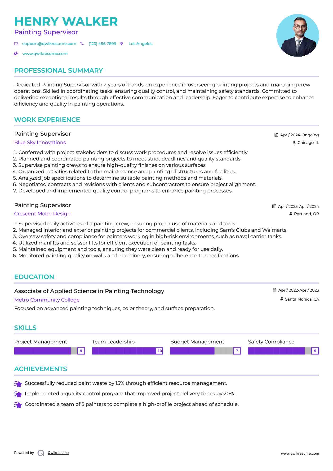 Painting Supervisor Resume Sample