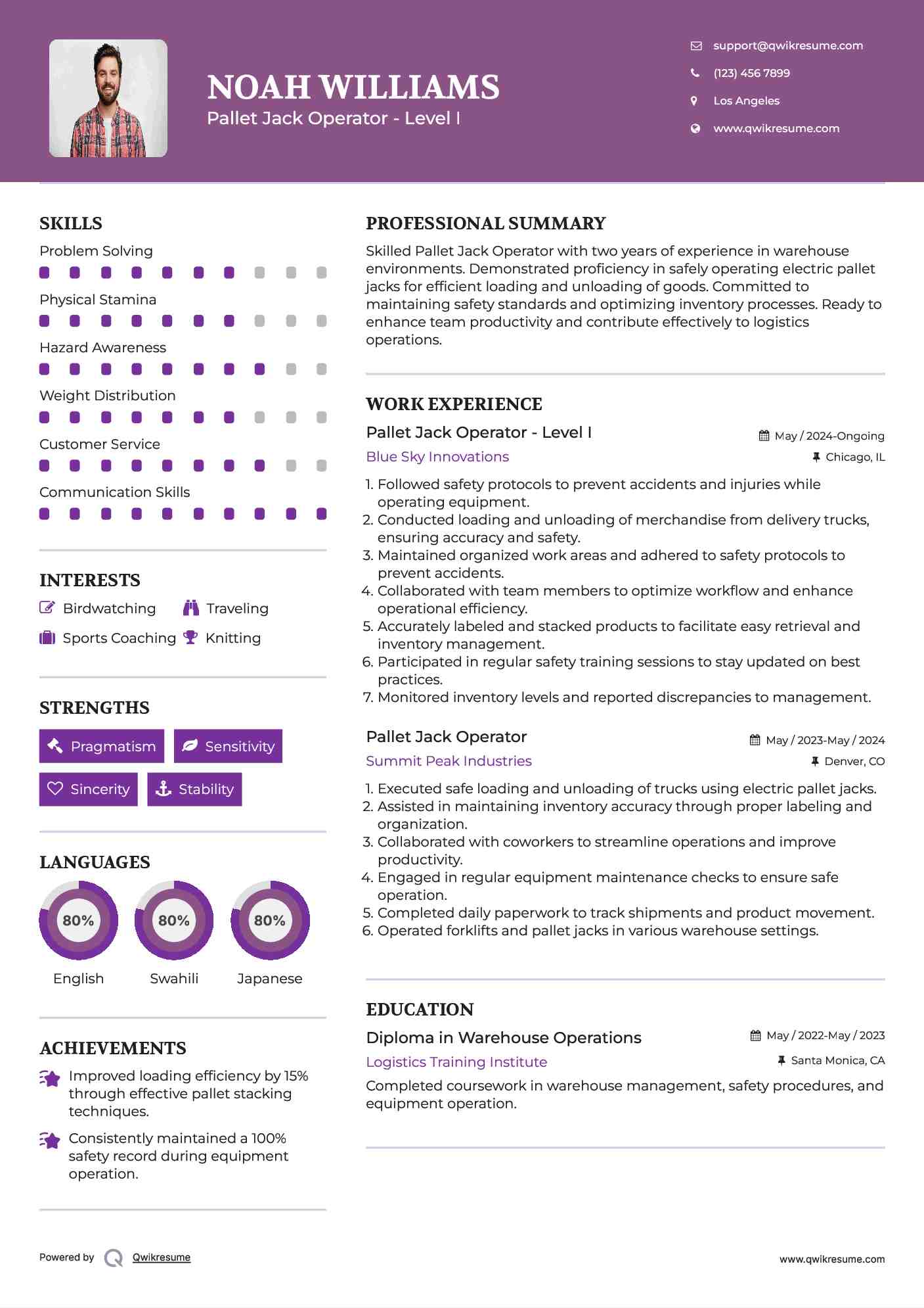 Pallet Jack Operator Resume Samples QwikResume