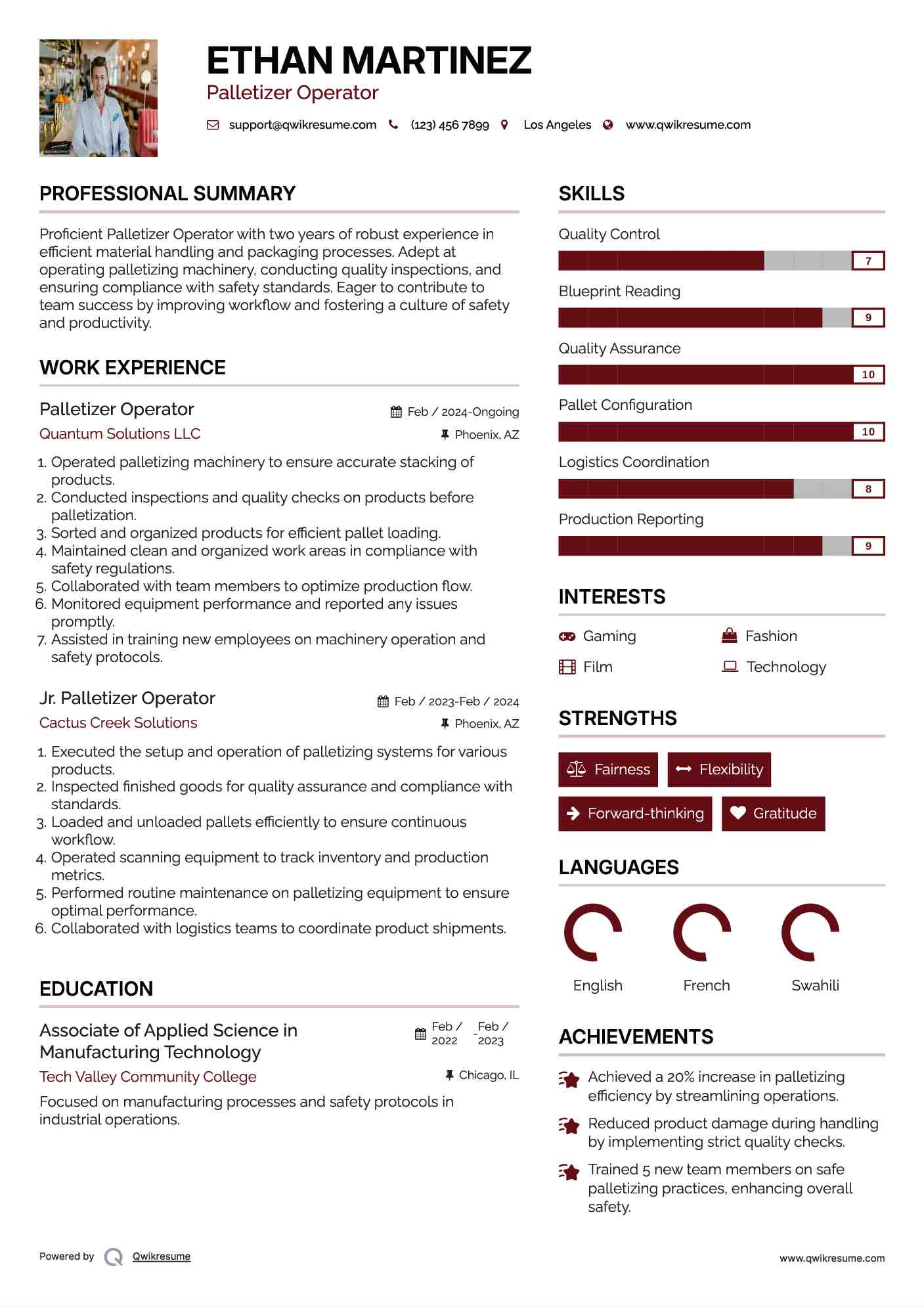 Palletizer Operator Resume Model