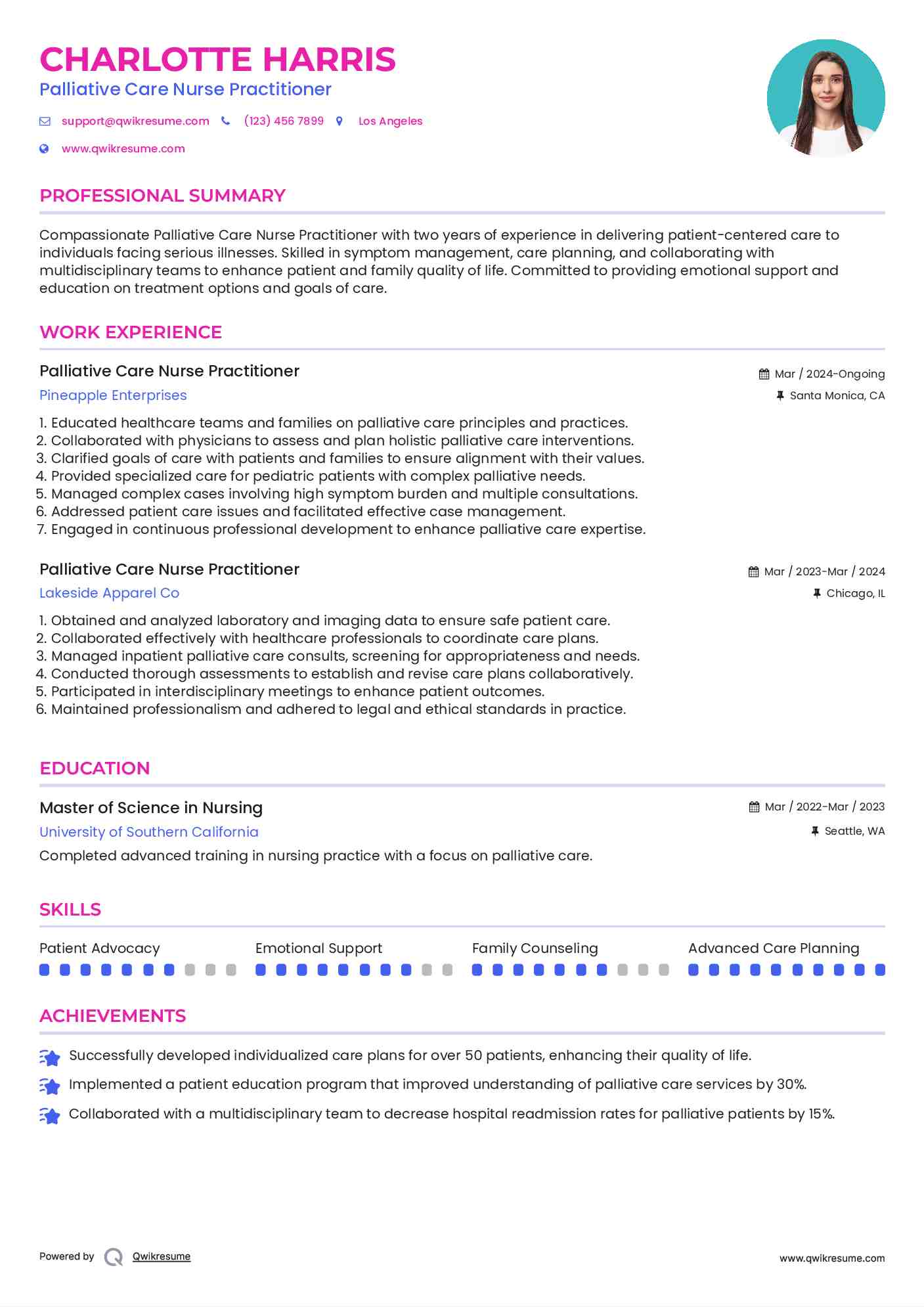 Palliative Care Nurse Practitioner Resume Sample