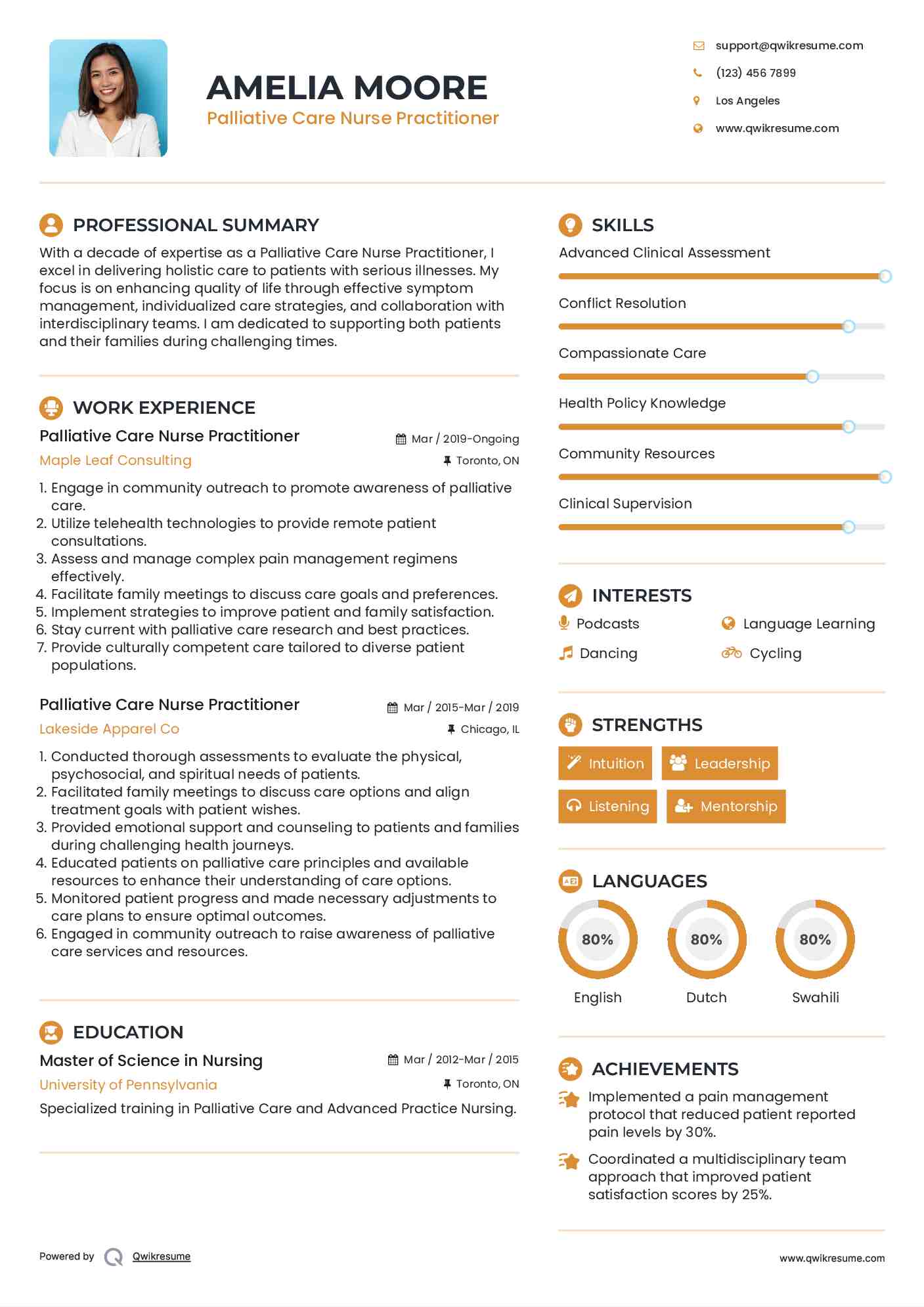 Palliative Care Nurse Practitioner Resume Model