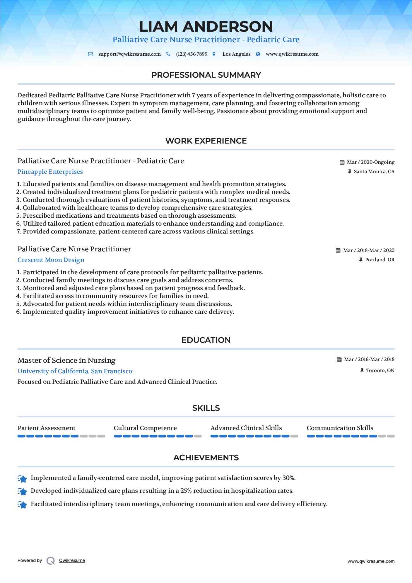 Palliative Care Nurse Practitioner - Pediatric Care Resume Sample