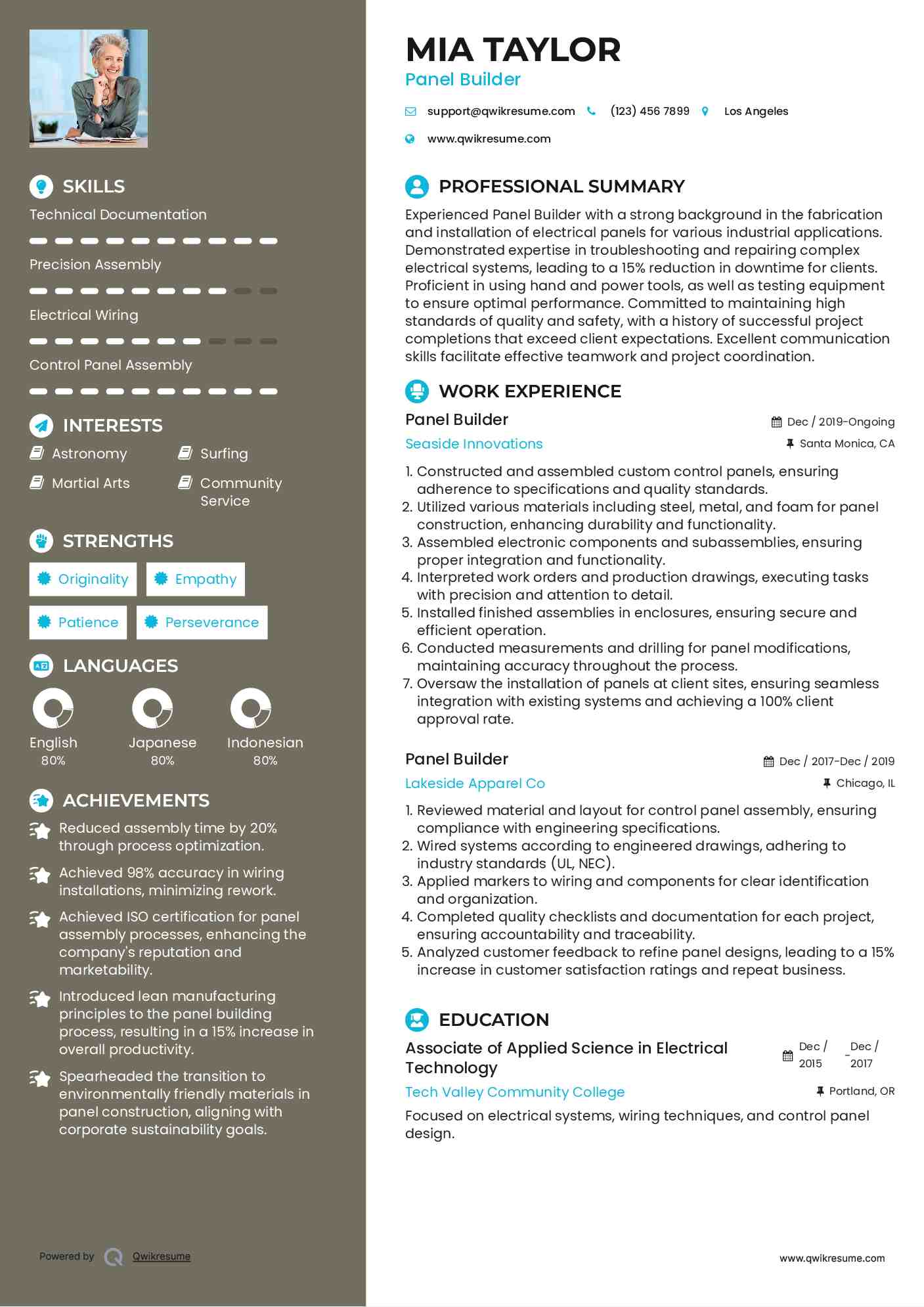 Panel Builder Resume Samples QwikResume