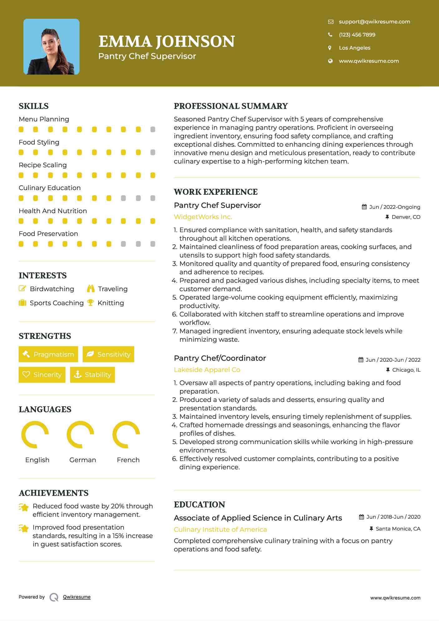Pantry Chef Resume Samples QwikResume