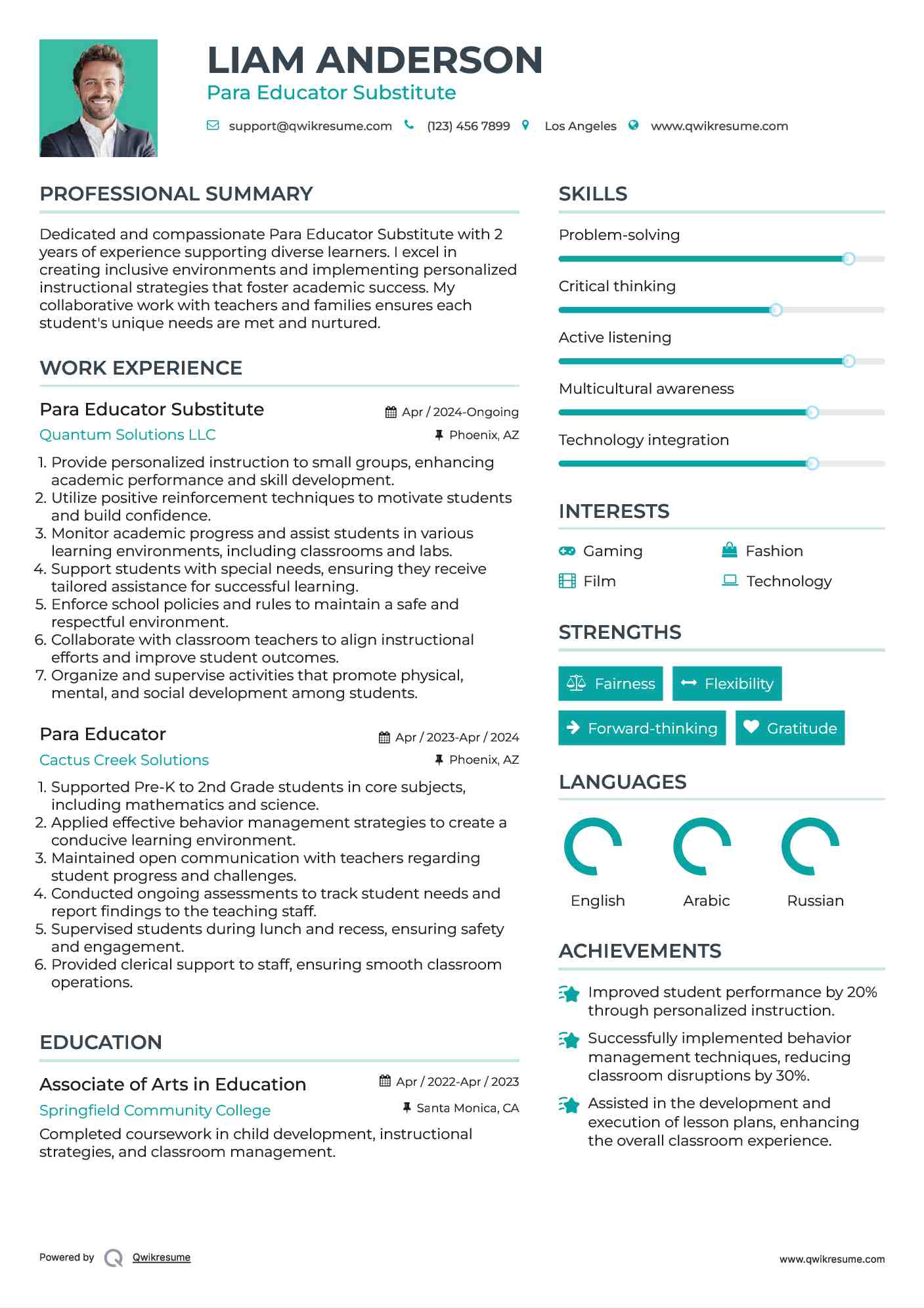 Para Educator Substitute Resume Model