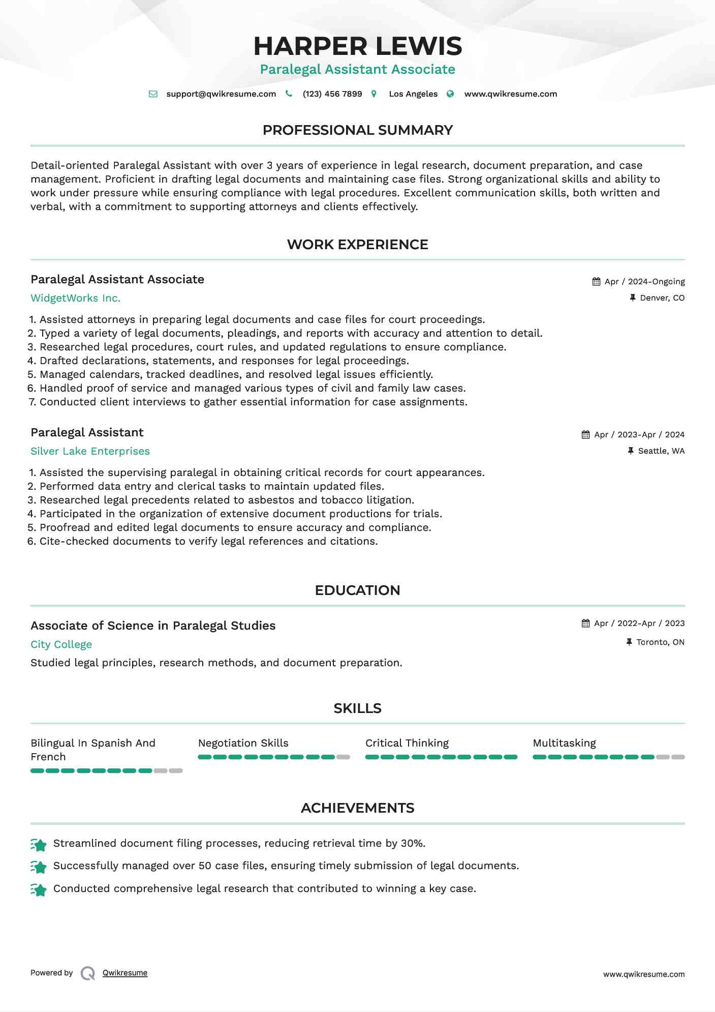 Paralegal Assistant Associate Resume Sample