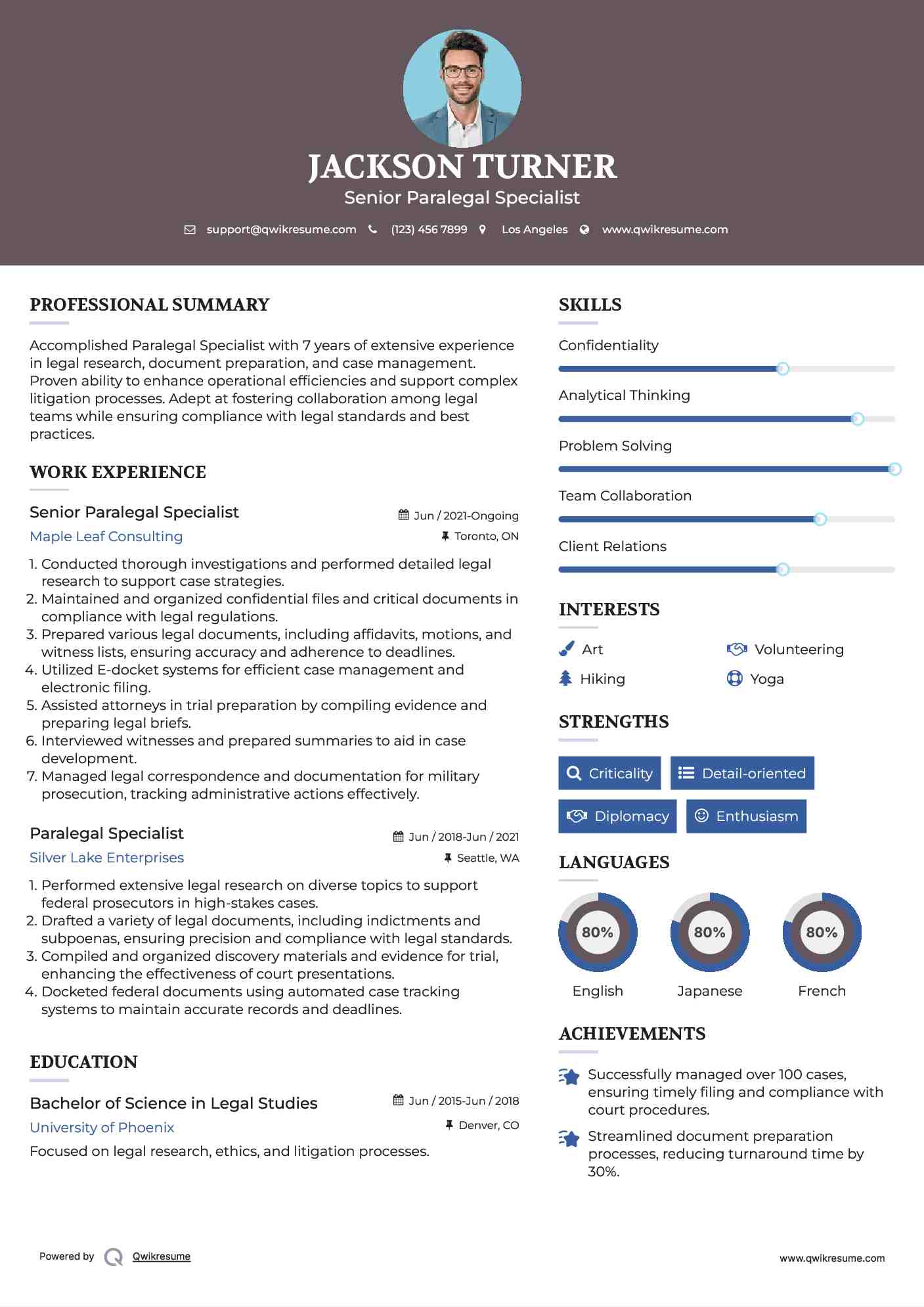 Senior Paralegal Specialist Resume Example