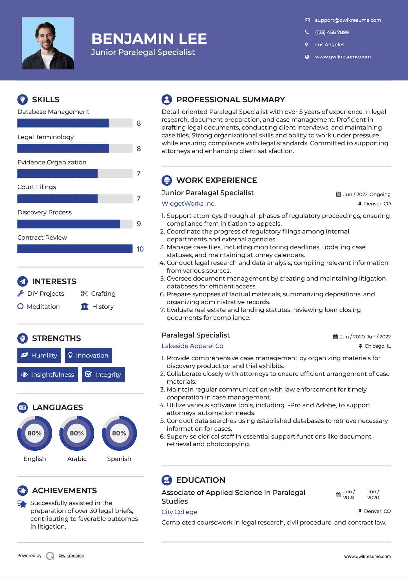 Junior Paralegal Specialist Resume Example
