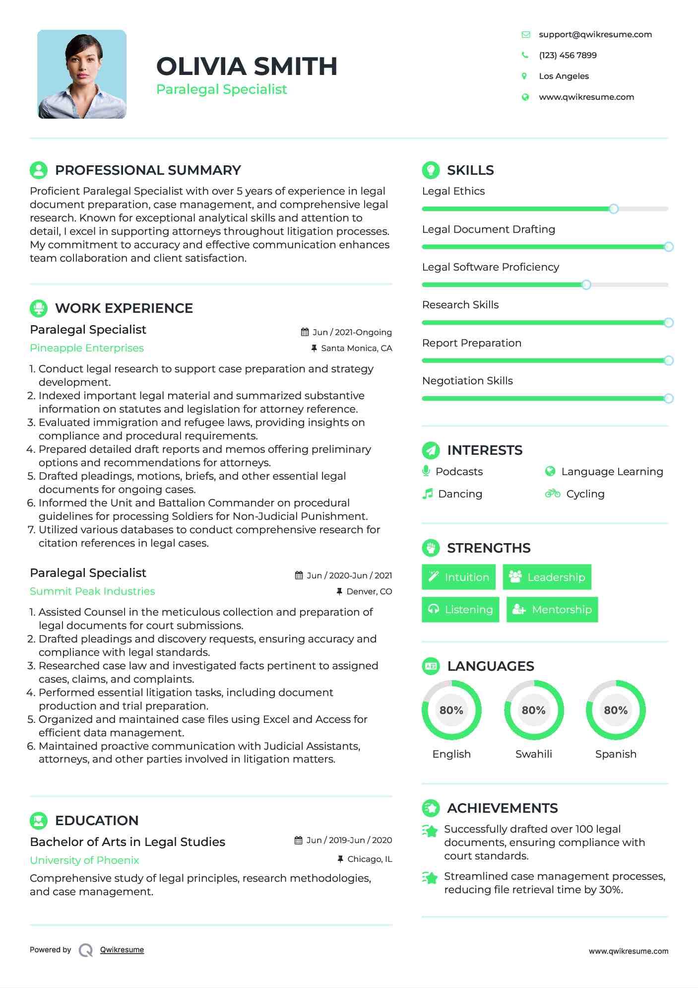 Paralegal Specialist Resume Example