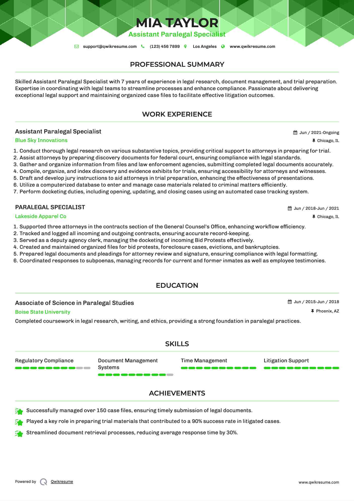 Assistant Paralegal Specialist Resume Model