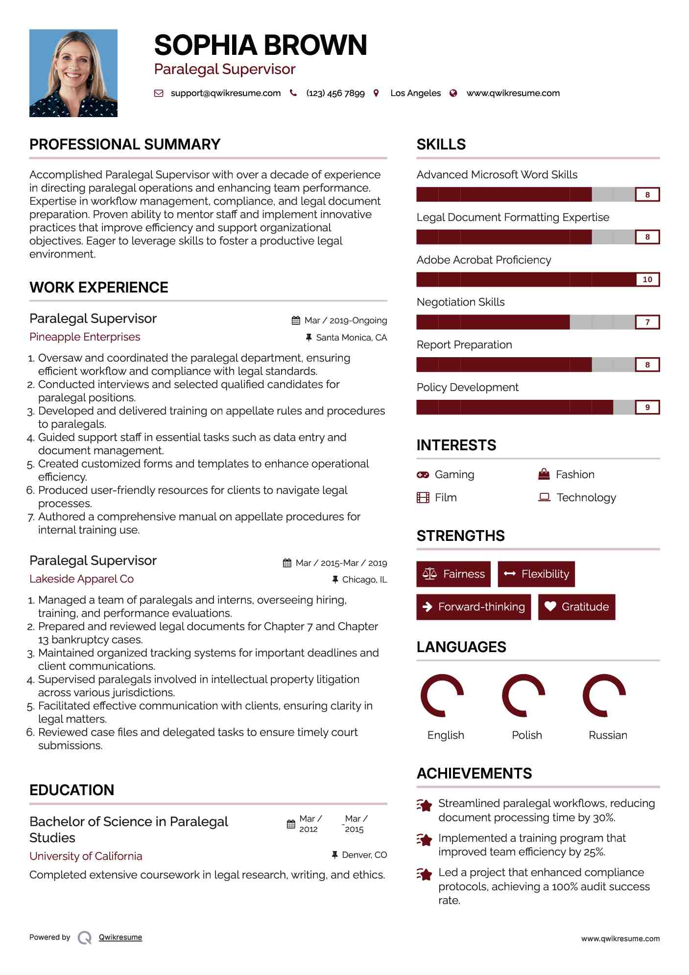 Paralegal Supervisor Resume Example