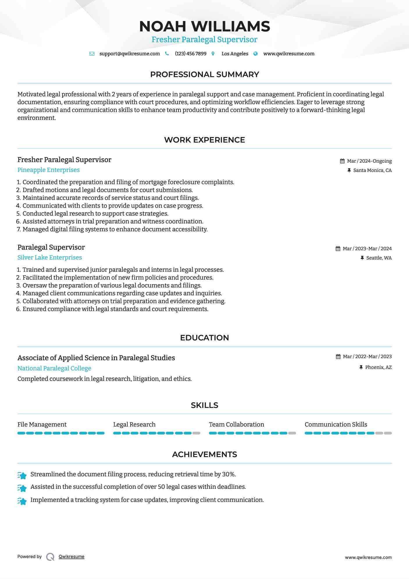 Fresher Paralegal Supervisor Resume Model