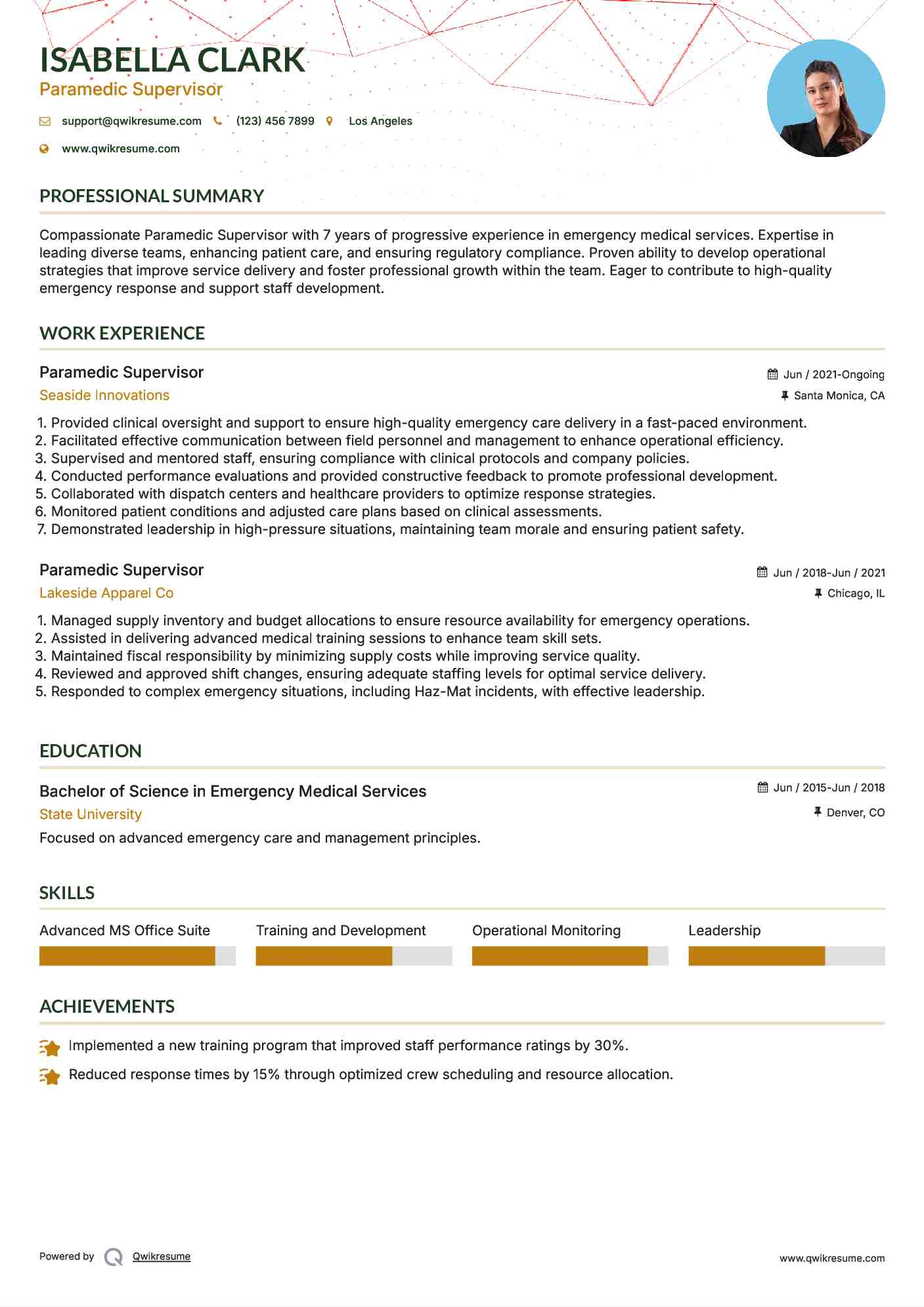 Paramedic Supervisor Resume Model