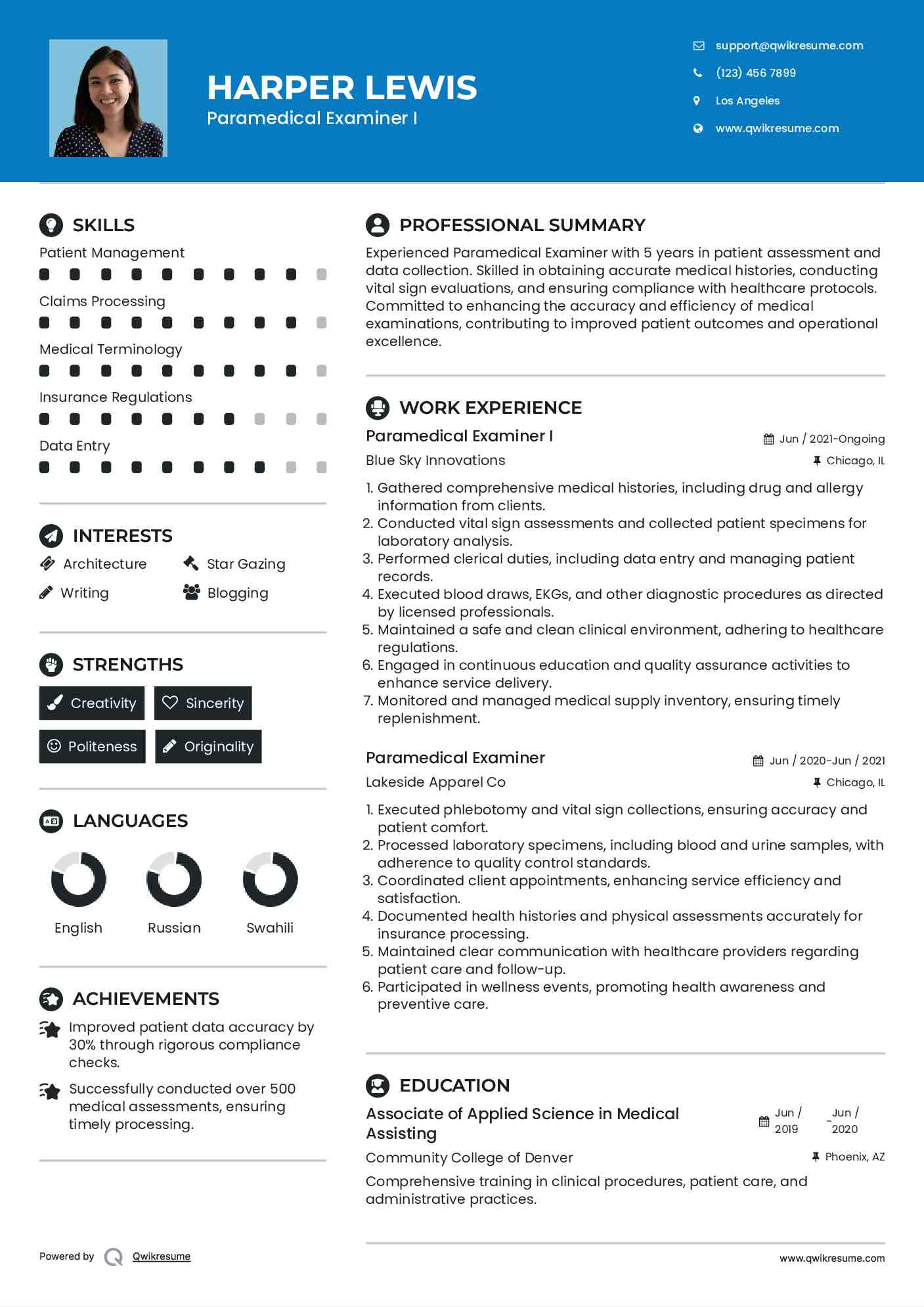 Paramedical Examiner I Resume Model