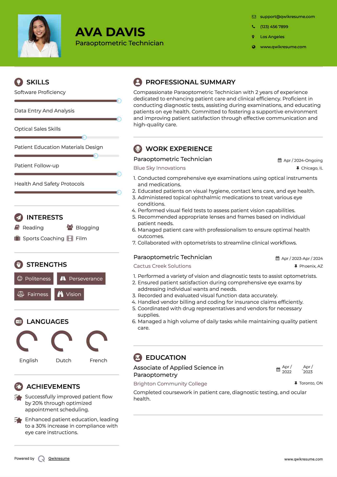 Paraoptometric Technician Resume Template