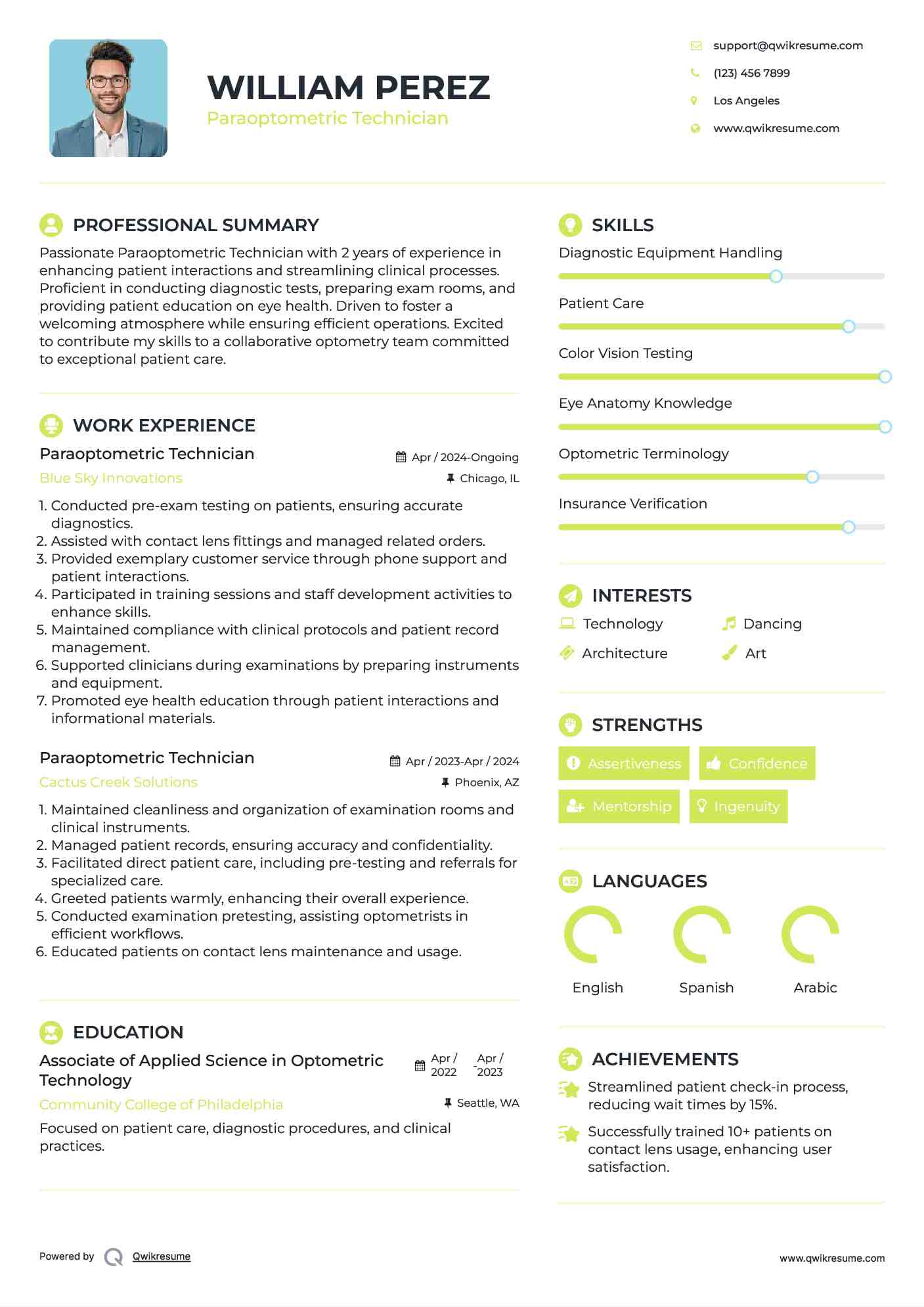 Paraoptometric Technician Resume Sample