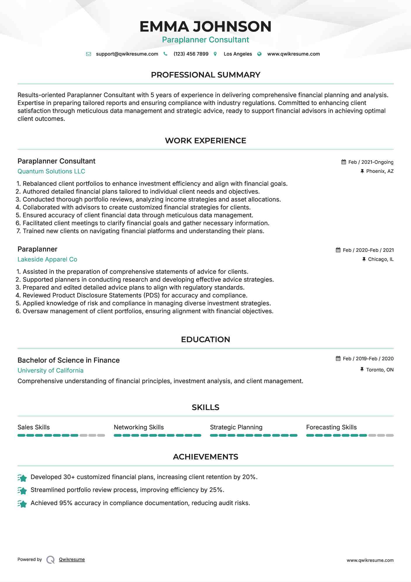 Paraplanner Consultant Resume Example