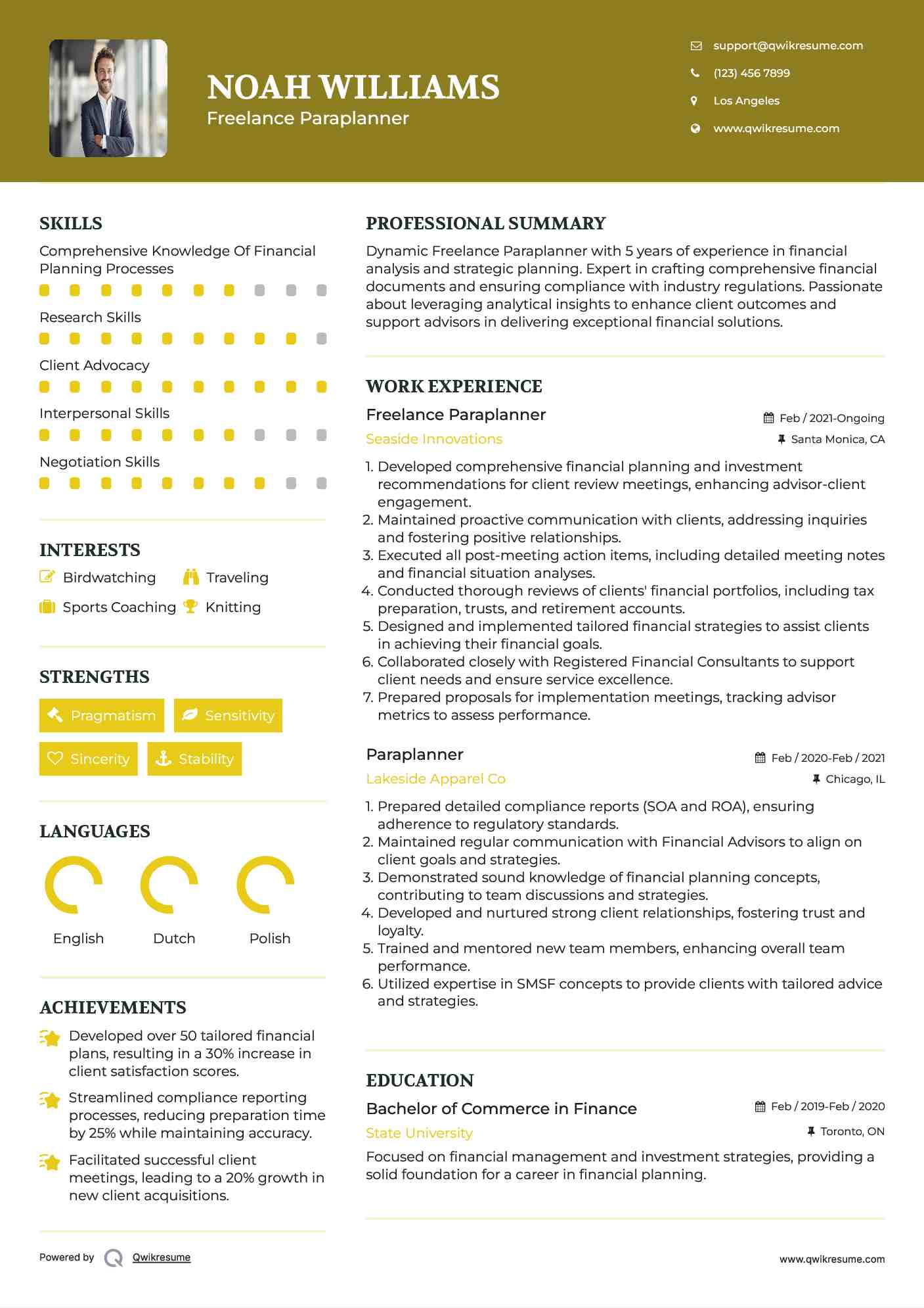 Freelance Paraplanner Resume Model