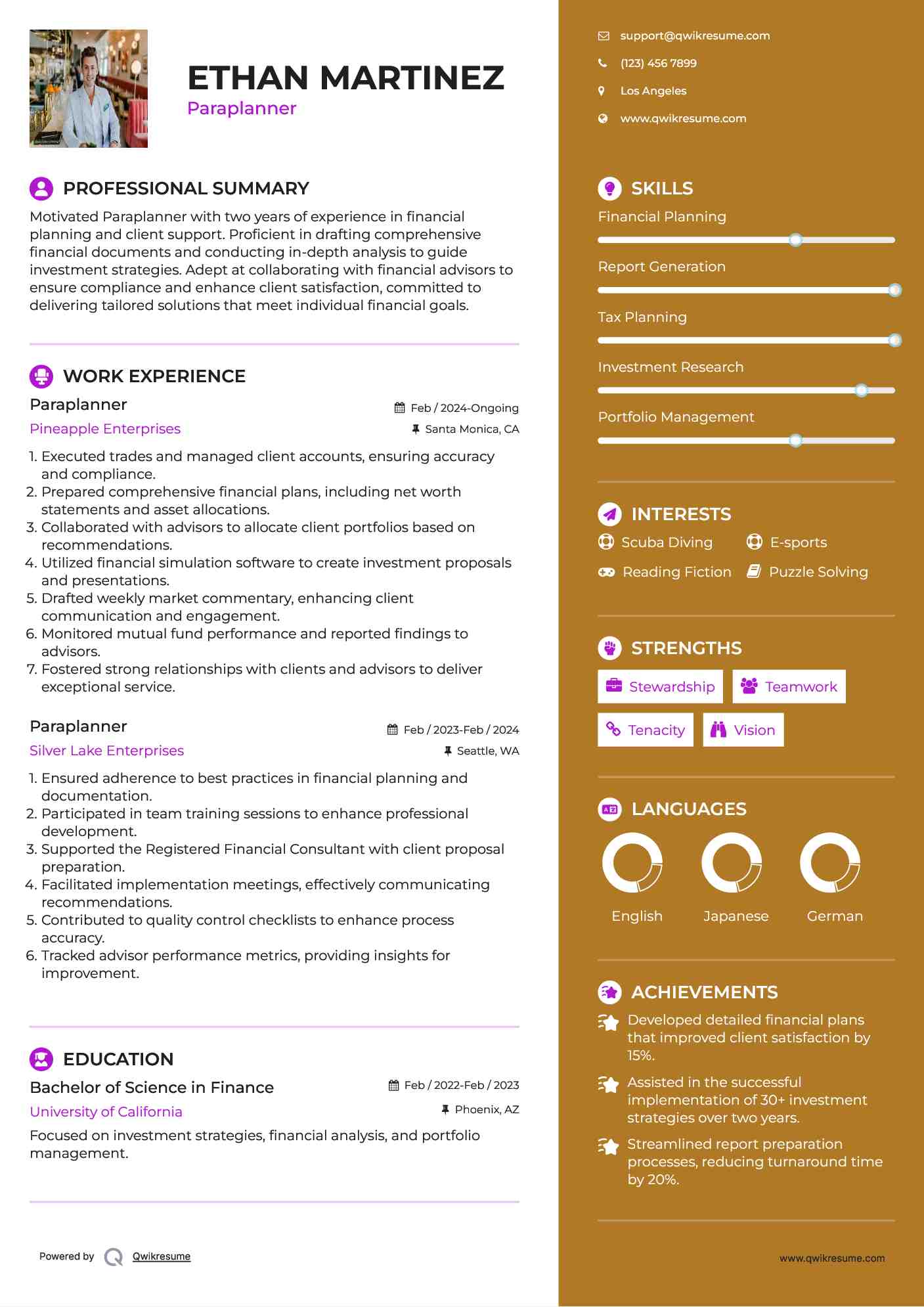 Paraplanner Resume Sample