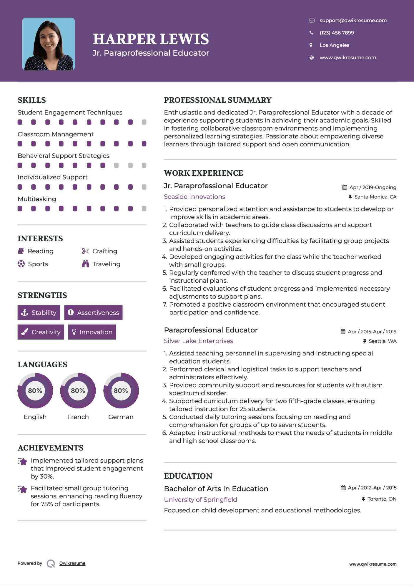 Jr. Paraprofessional Educator Resume Example