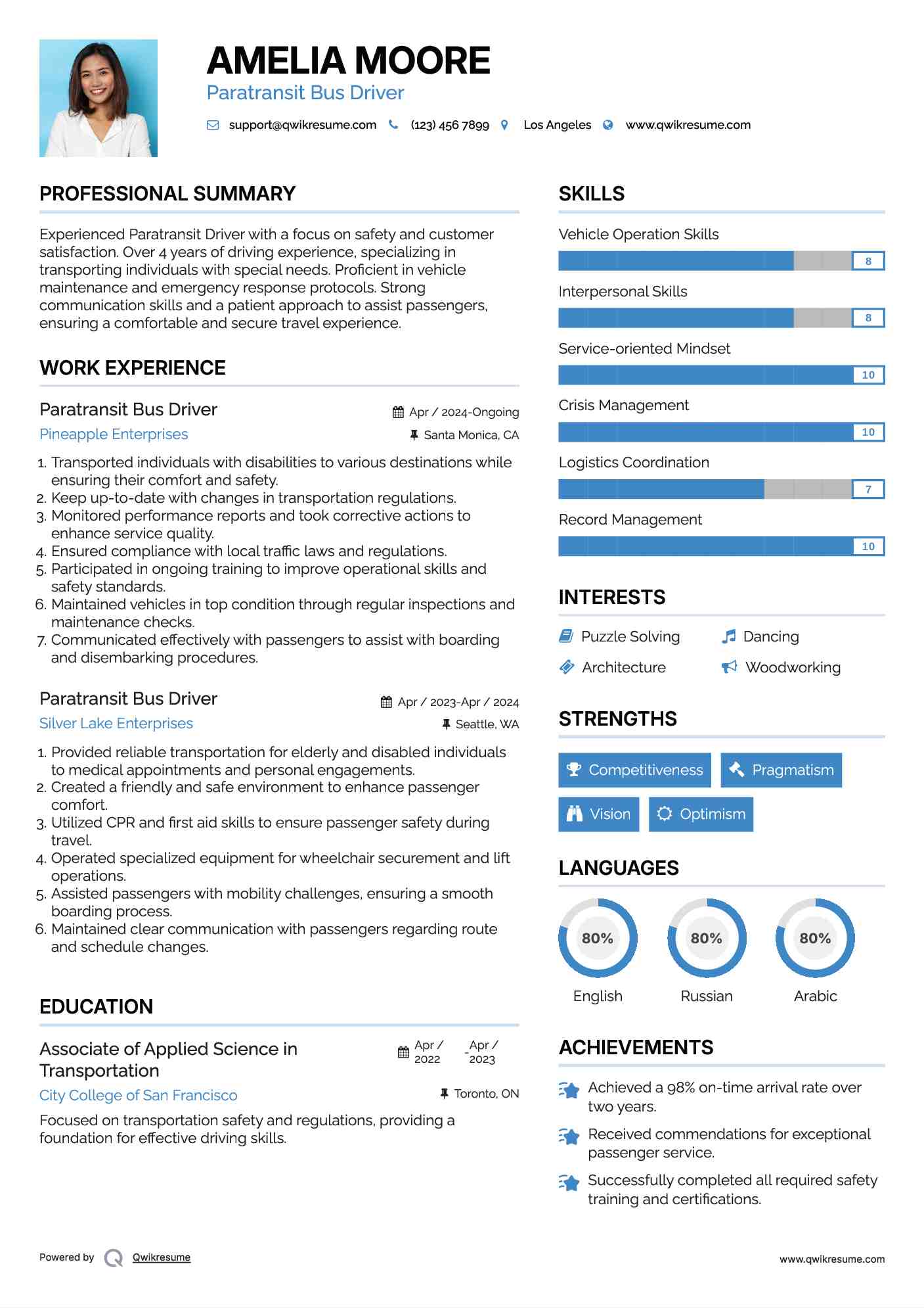 Paratransit Bus Driver Resume Sample