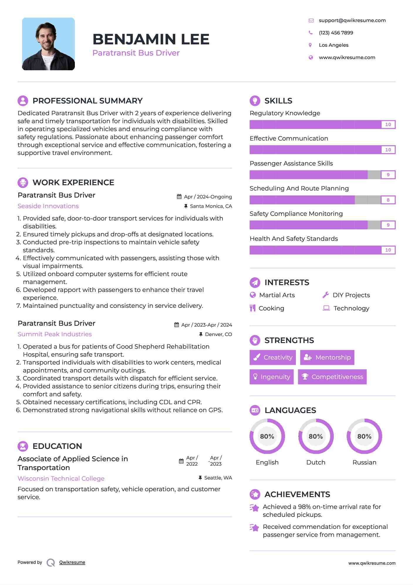 Paratransit Bus Driver Resume Sample