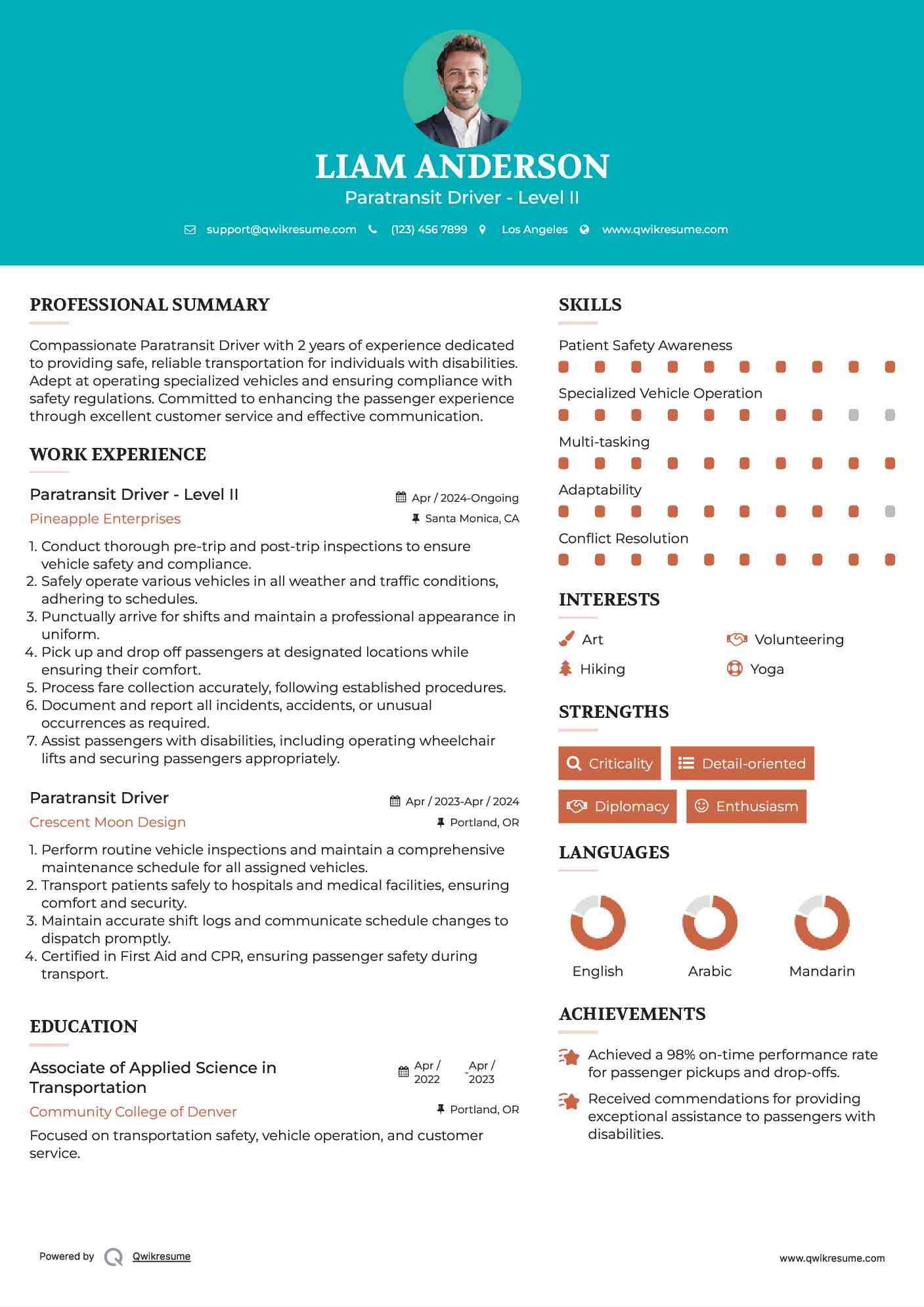 Paratransit Driver - Level II Resume Format