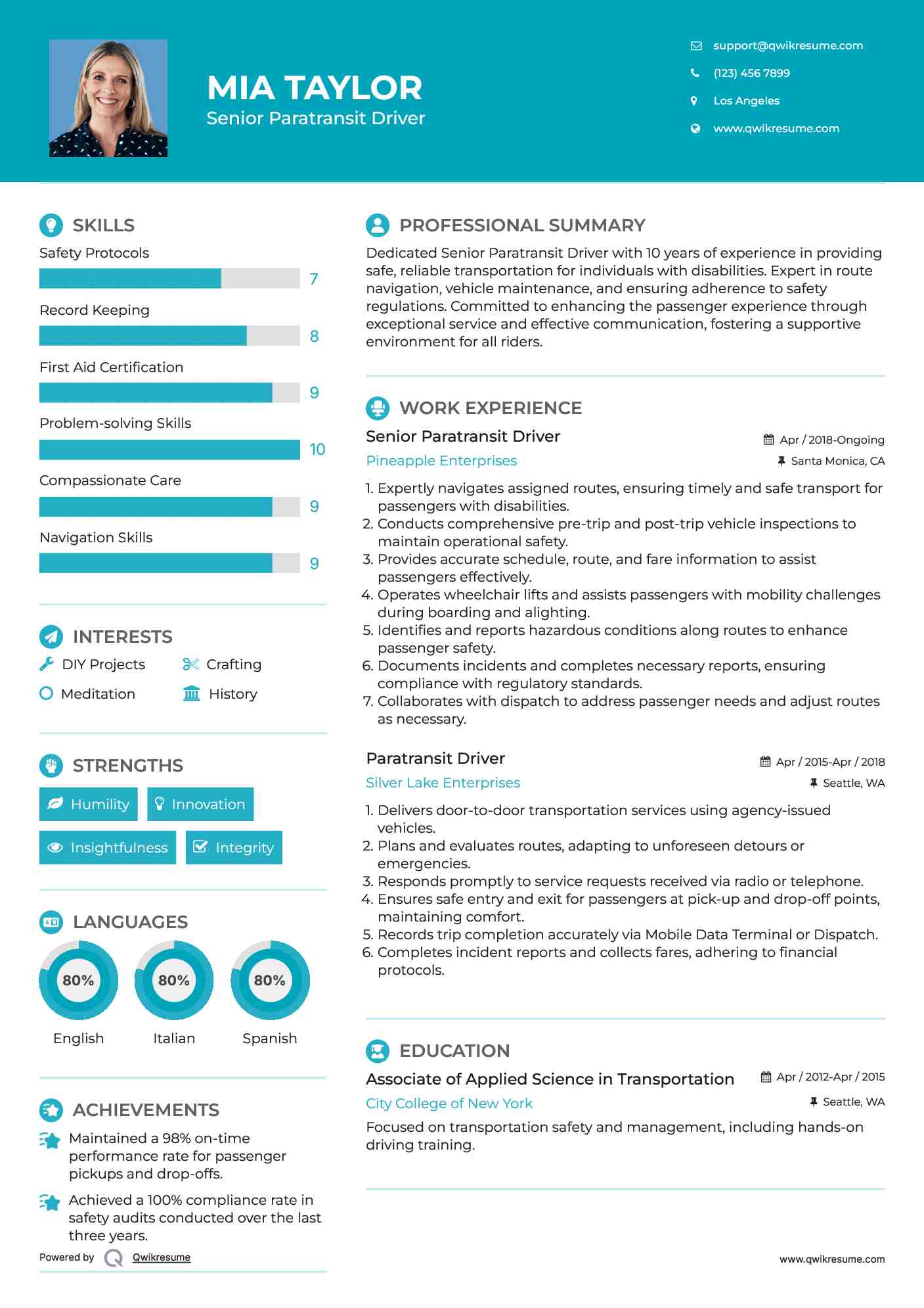 Senior Paratransit Driver  Resume Example