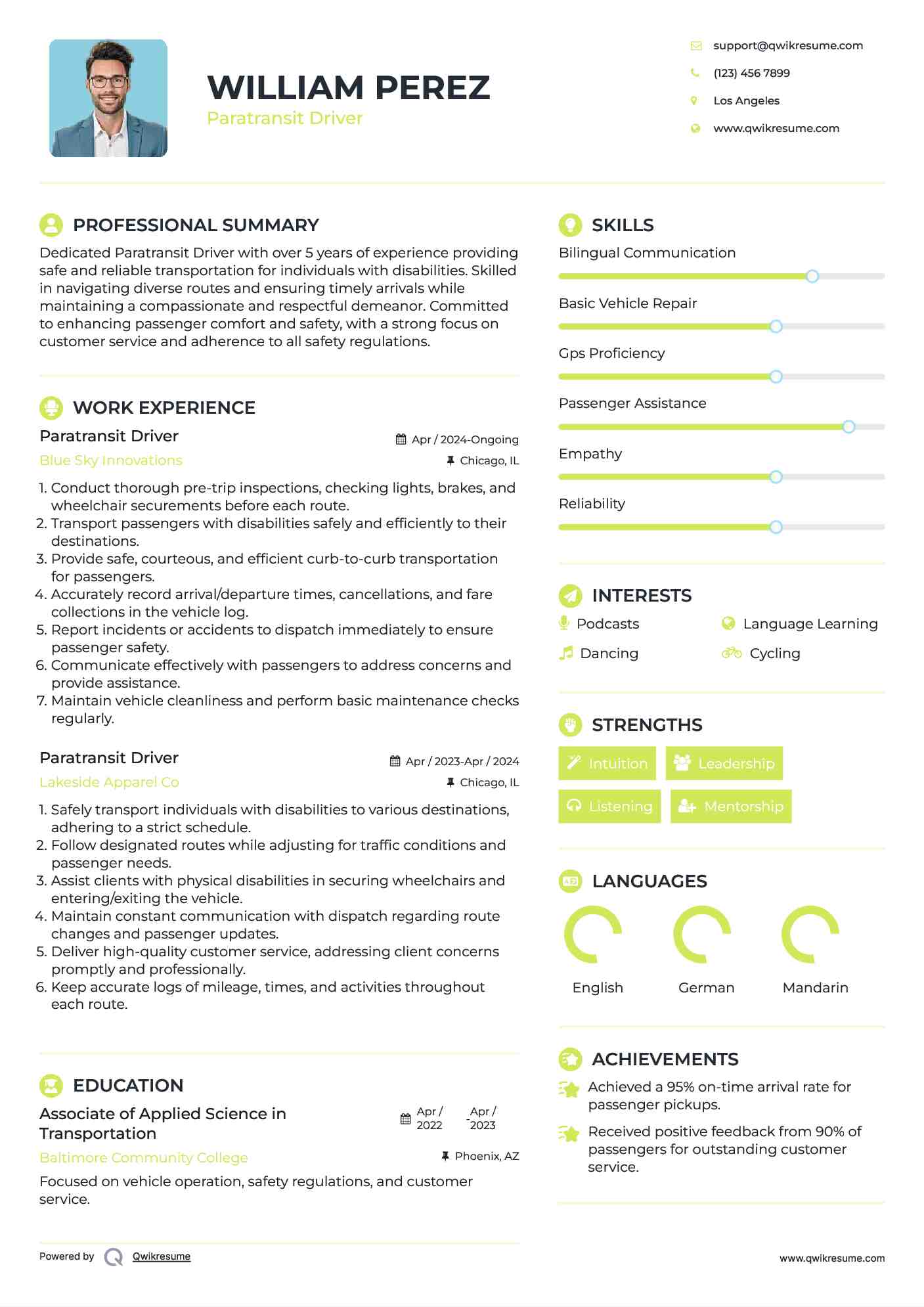 Paratransit Driver Resume Sample