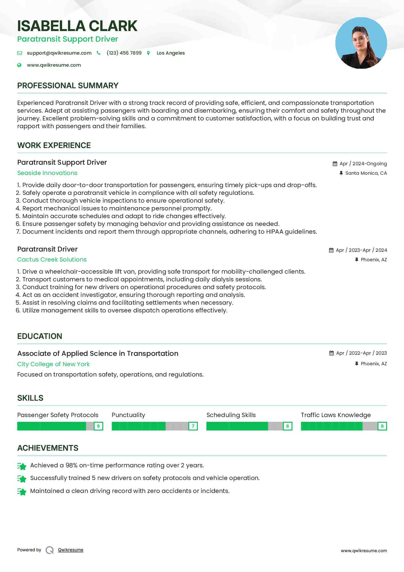 Paratransit Support Driver  Resume Model