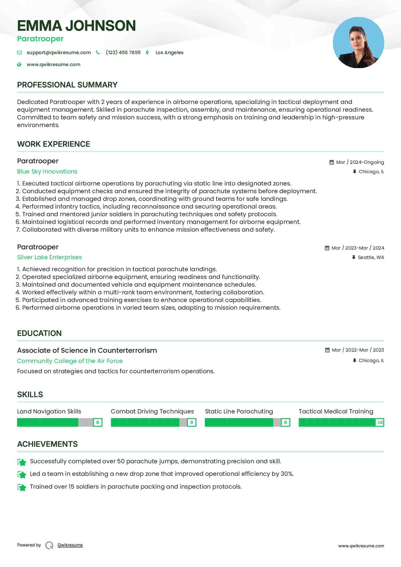 Paratrooper Resume Example