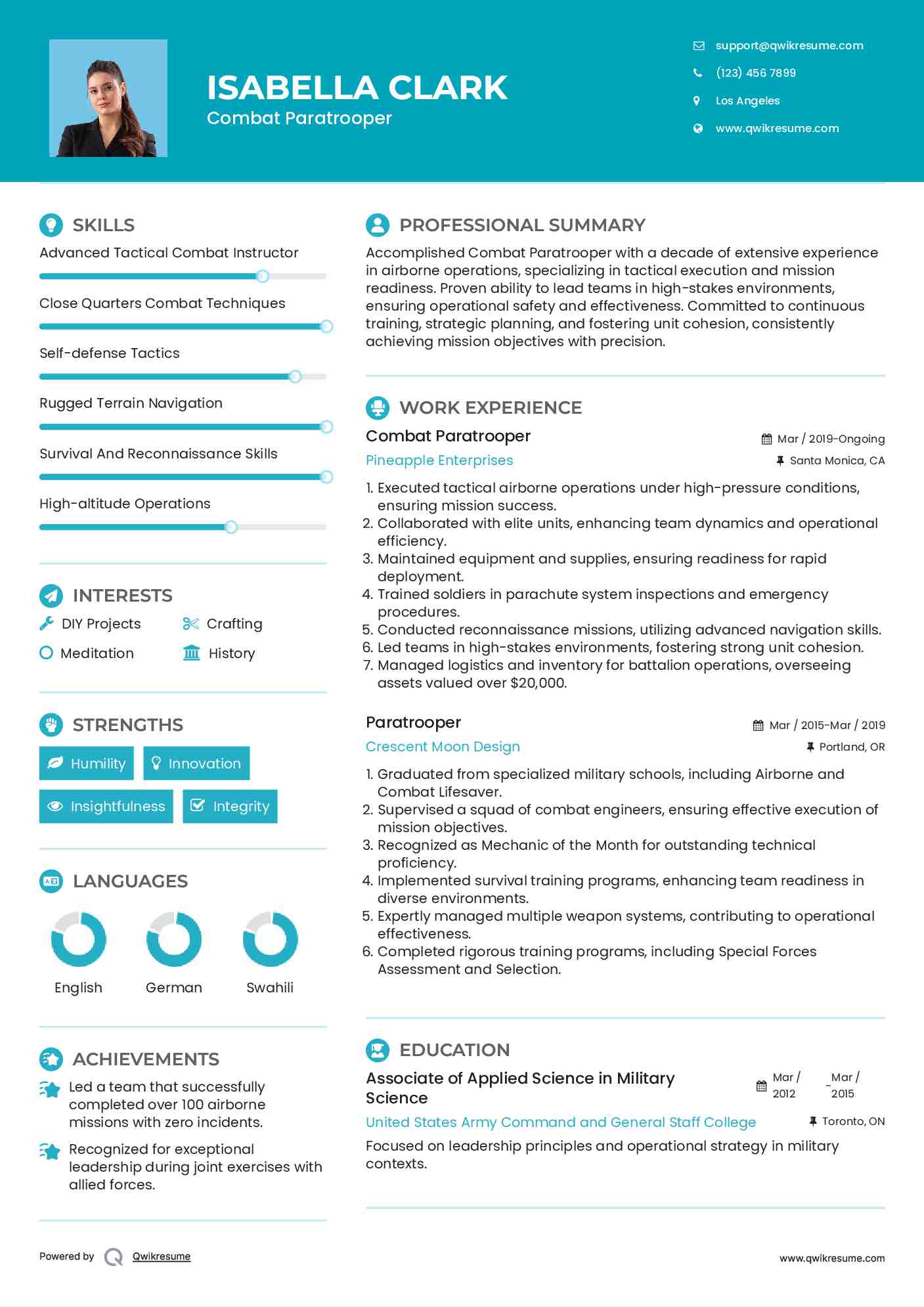 Combat Paratrooper Resume Example