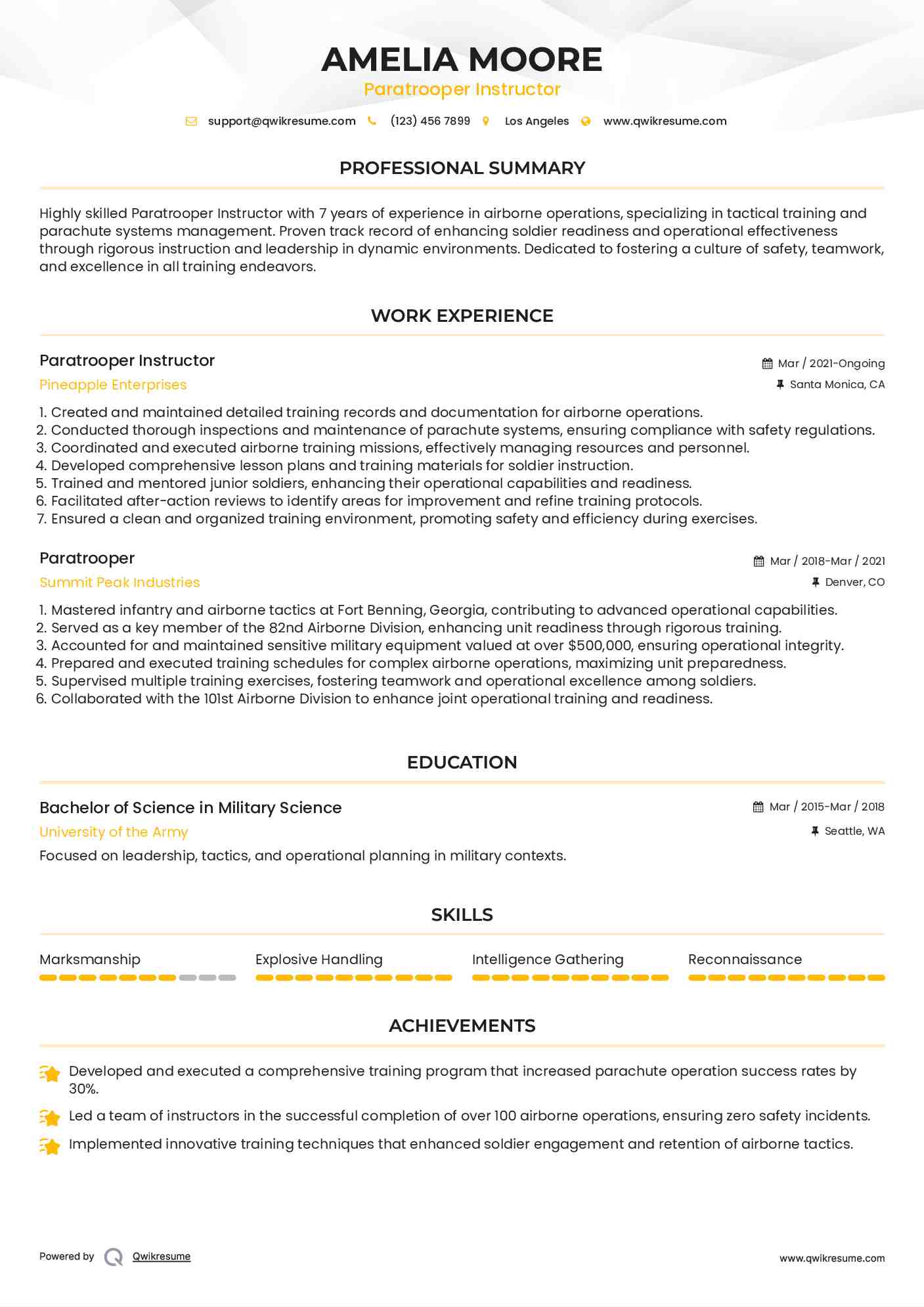 Paratrooper Instructor Resume Model