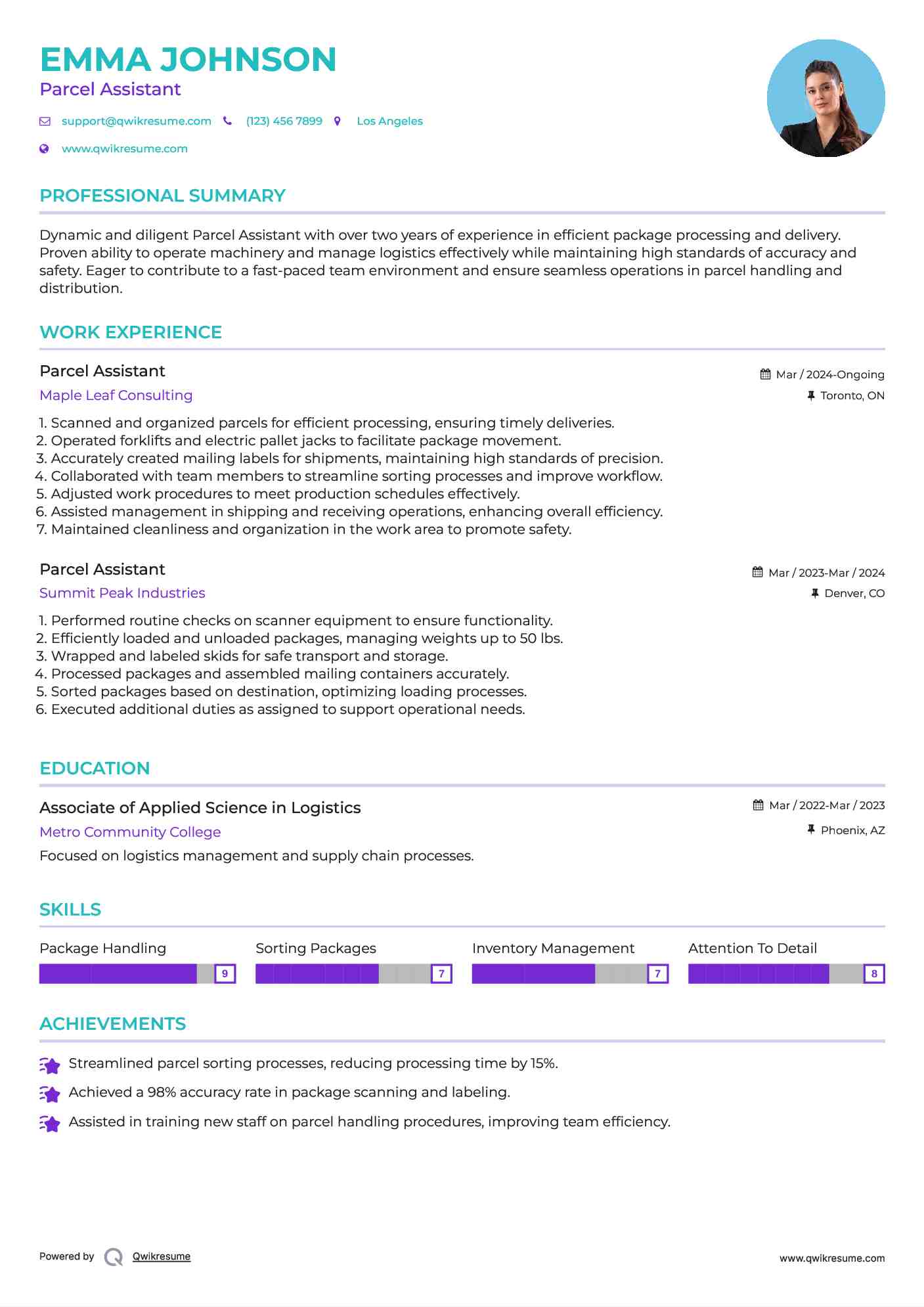 Parcel Assistant Resume Example