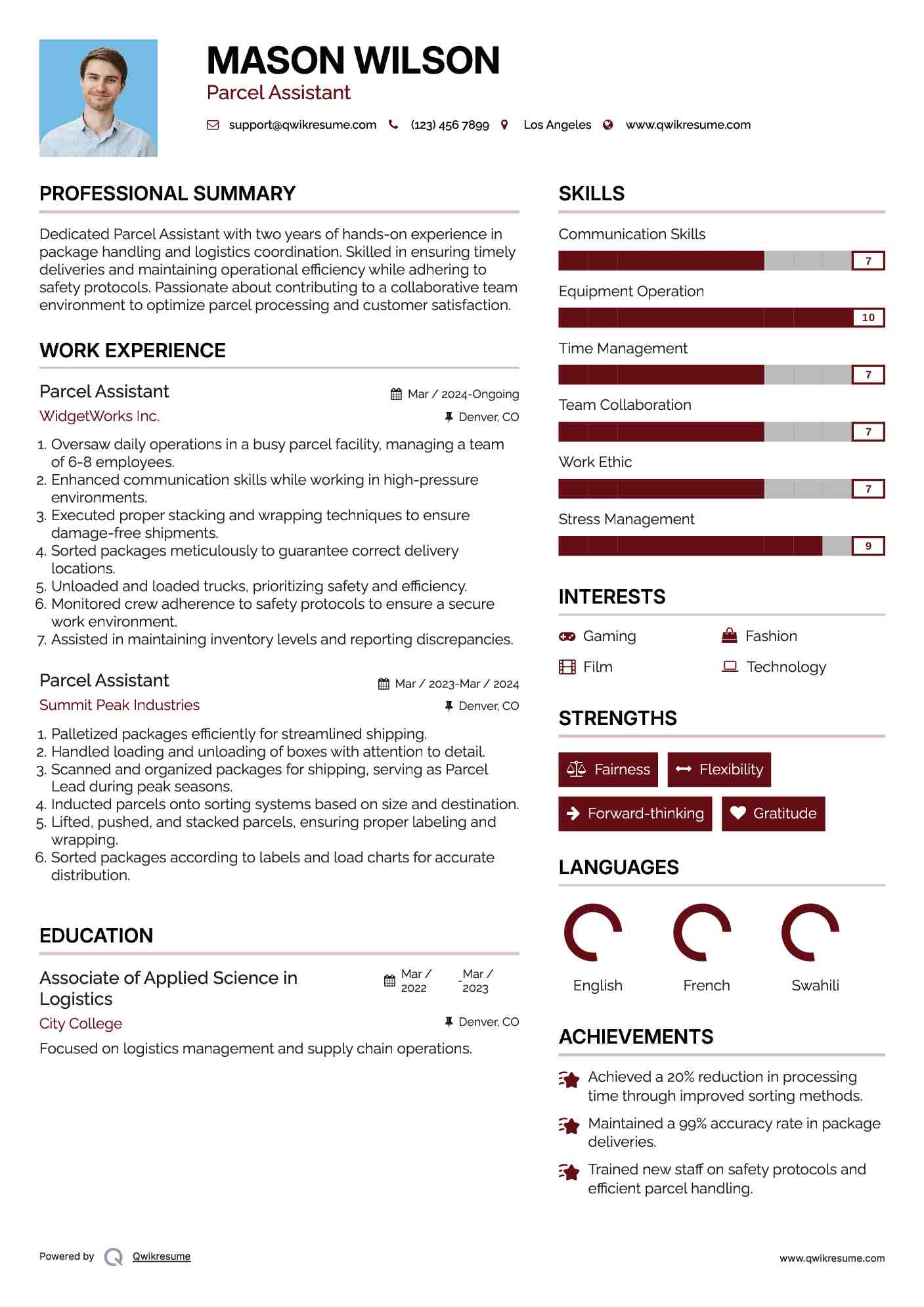 Parcel Assistant Resume Format