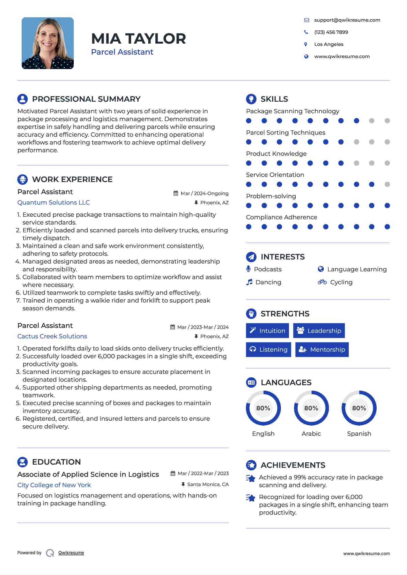 Parcel Assistant Resume Model