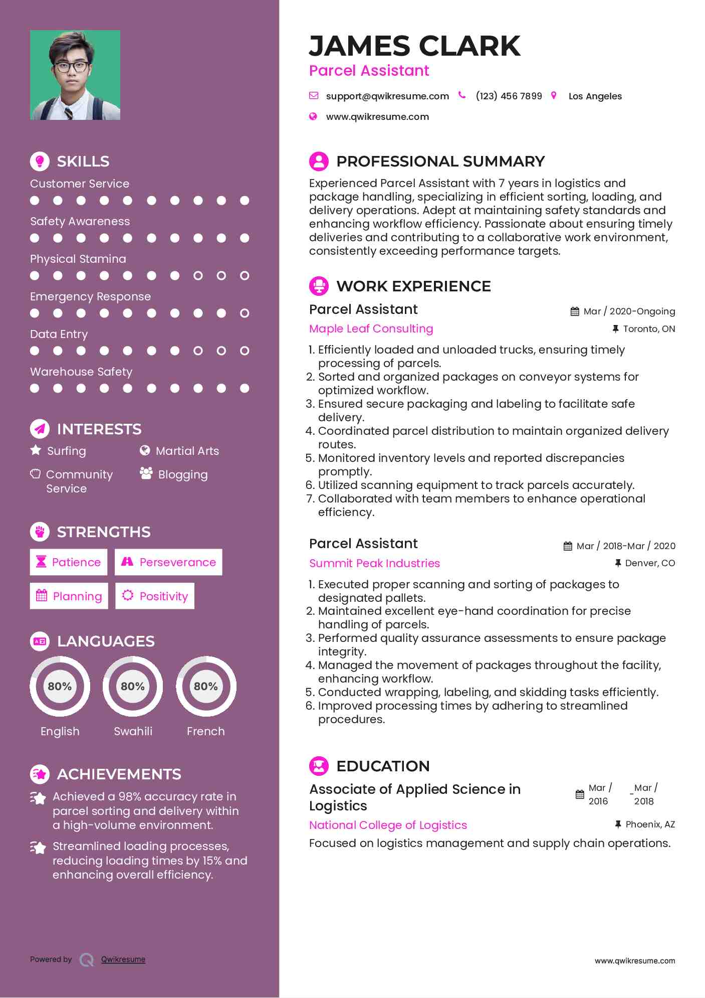 Parcel Assistant Resume Format